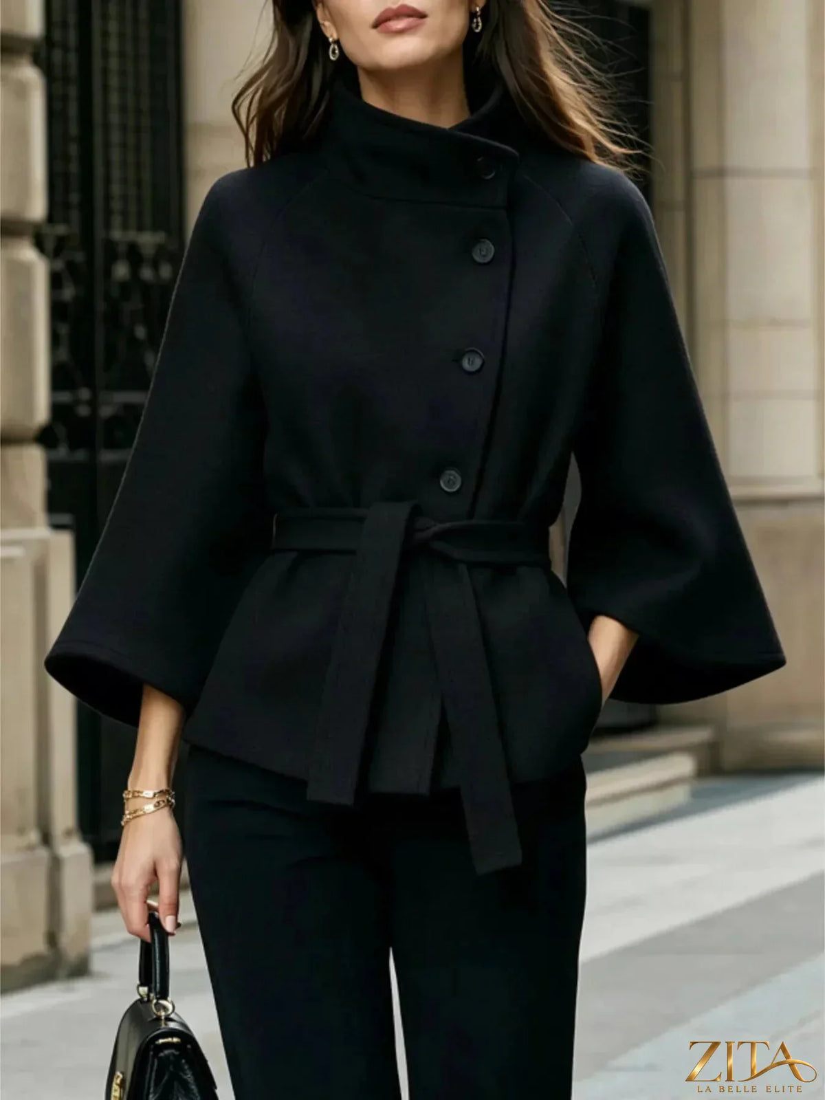 Zita La Belle Elite button down cape coat with belted waist, featuring a stylish and elegant design in a sleek fabric.
