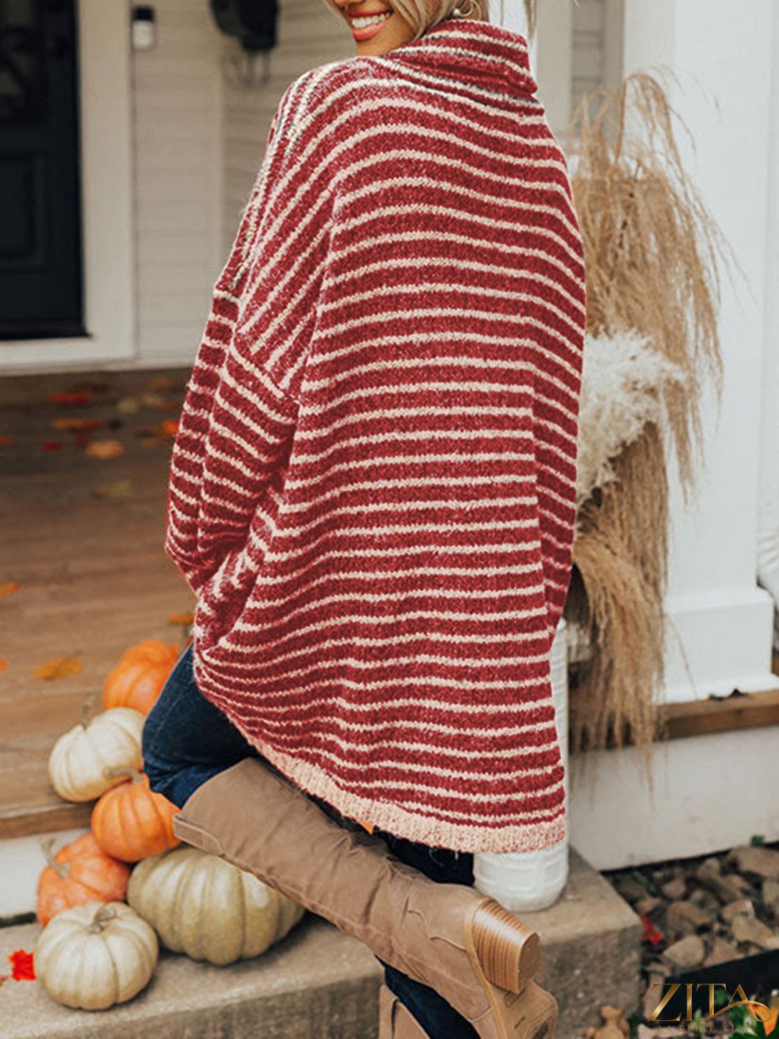 Zita La Belle Elite striped turtleneck sweater with cozy pockets, featuring black, white, and gray horizontal stripes.