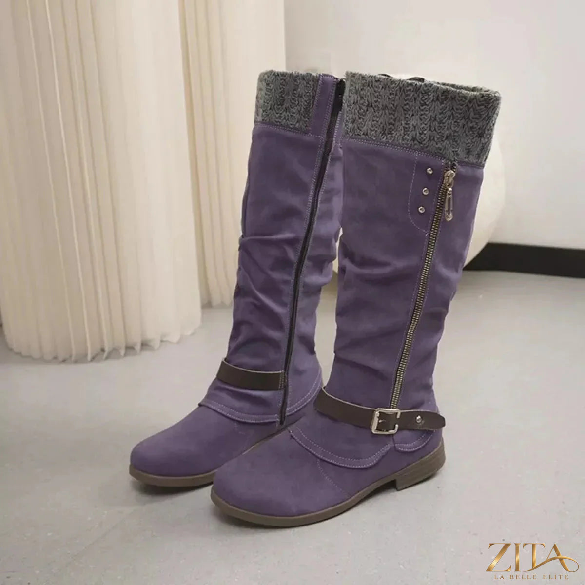 Zita La Belle Elite knee high slouch boots with knit cuff, featuring a relaxed fit and stylish design, in black leather.