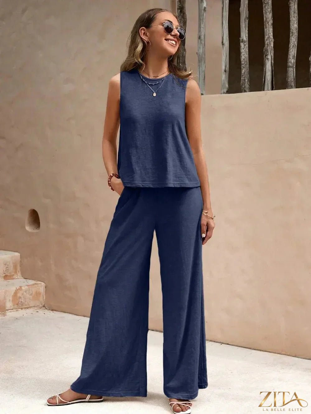 Zita La Belle Elite round neck sleeveless top and wide-leg pants set, in a stylish coordinated outfit with a relaxed fit.