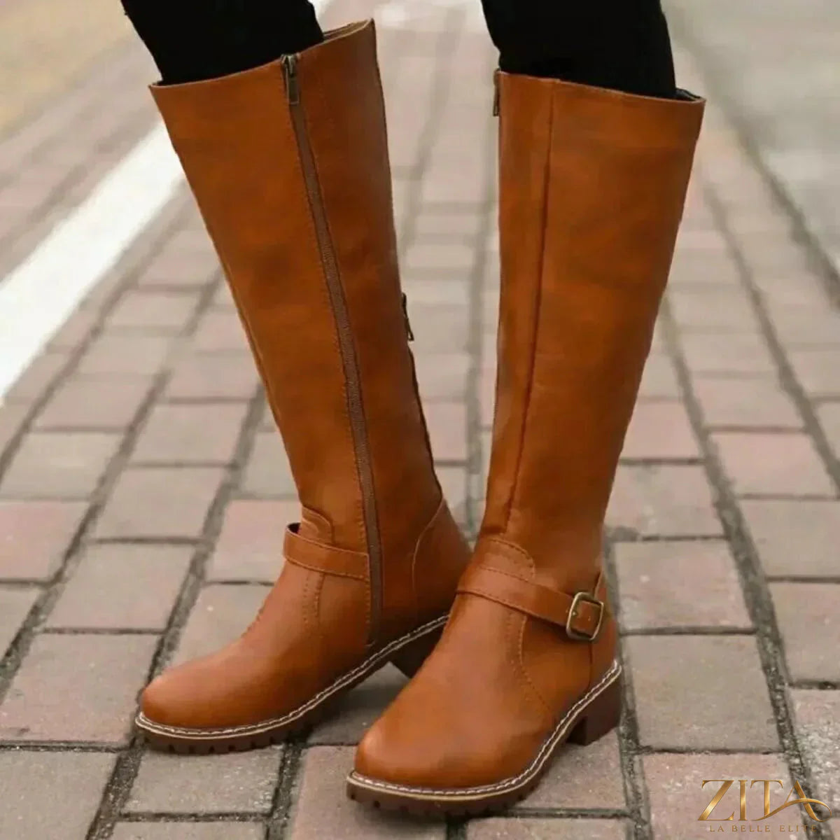 Zita La Belle Elite round toe block heel boots in black leather with sleek design and sturdy chunky heels.
