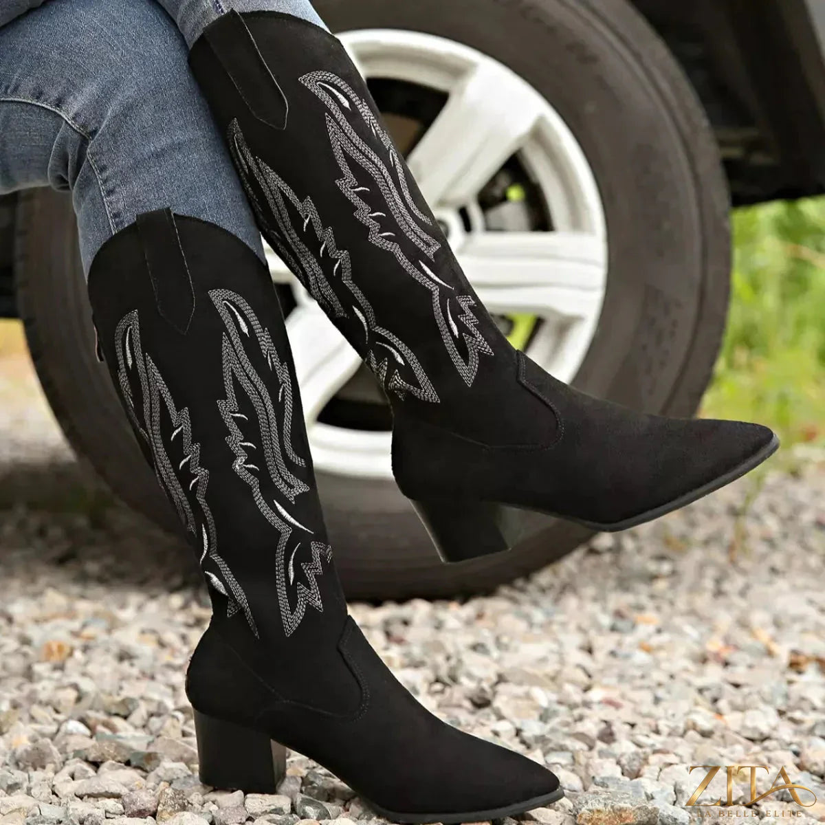 Zita La Belle Elite point toe block heel boots showcasing sleek black leather and stylish design.