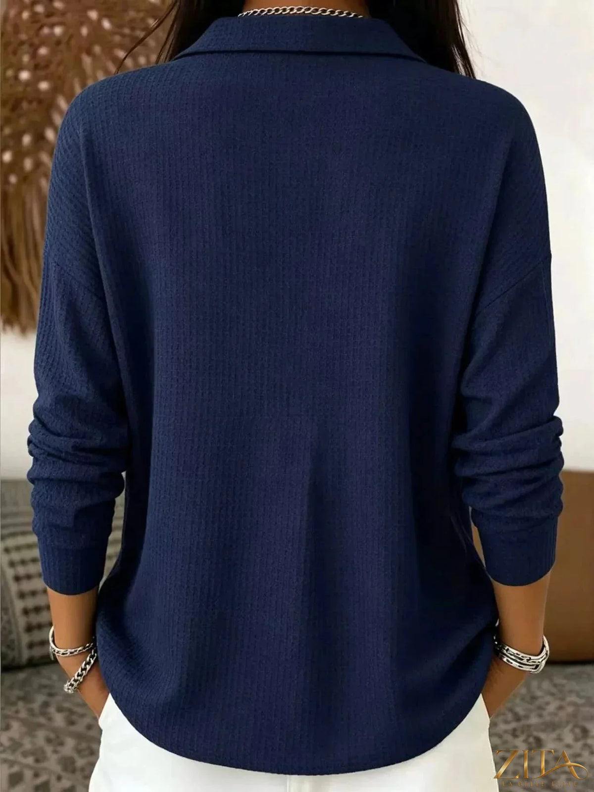 Zita La Belle Elite waffle knit snap down blouse in soft fabric with a classic collar and button closure, styled on a mannequin.