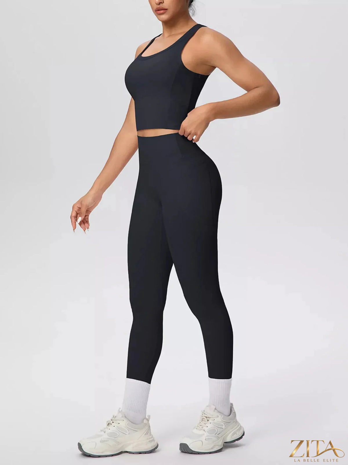 Zita La Belle Elite scoop neck tank top and high-waisted leggings active set, soft stretch fabric, black color, on a mannequin.
