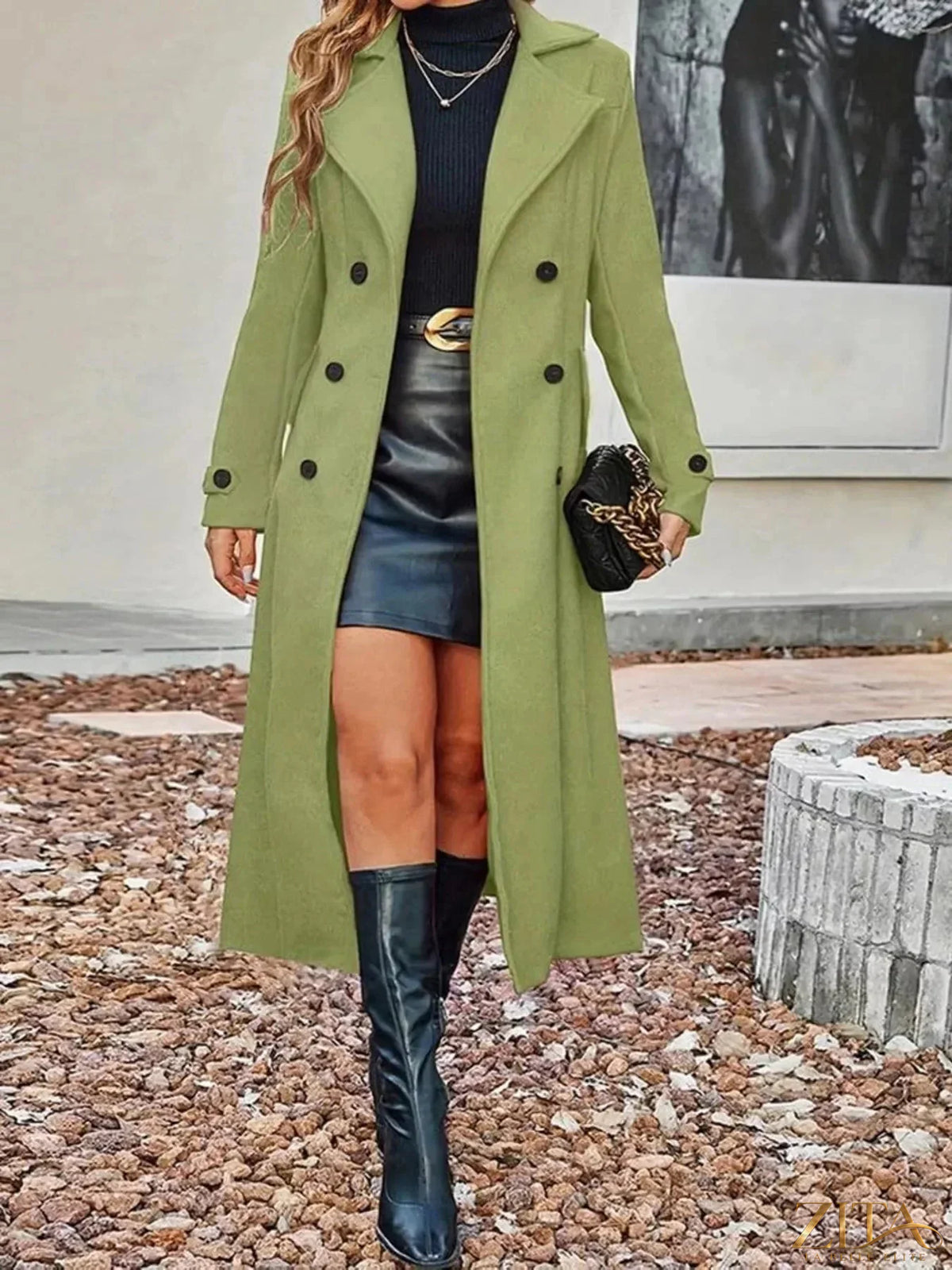 Plus size Zita La Belle Elite double-breasted longline trench coat with wide lapels and belt, stylish and comfortable for all-day wear