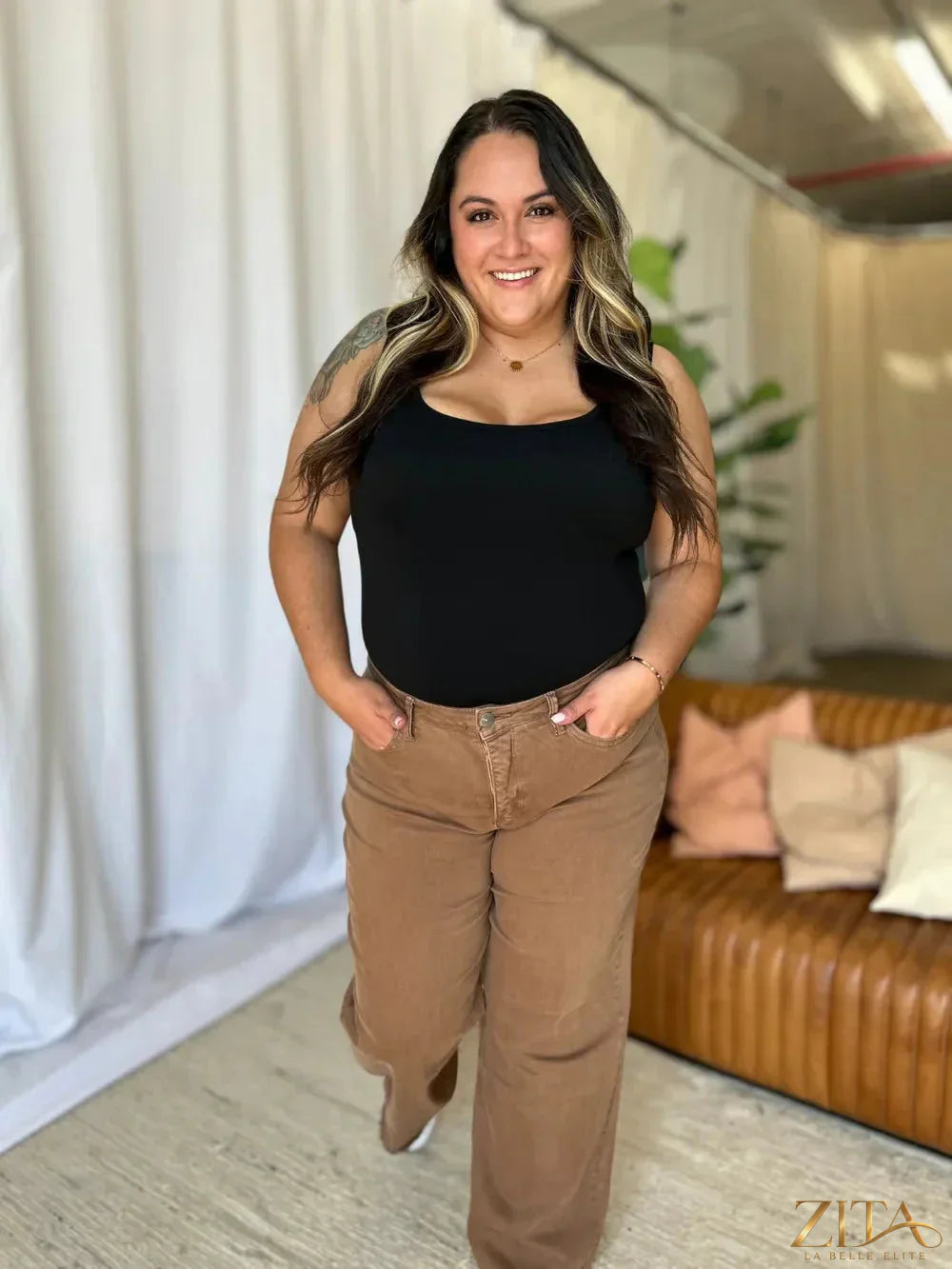 Zita La Belle Elite RFM full size high-rise garment dye wide-leg jeans displayed on a model with a casual pose