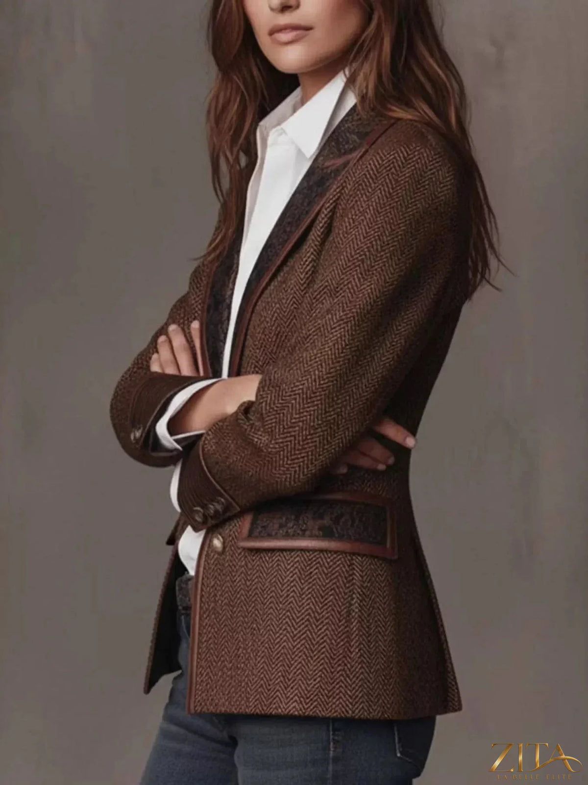 Plus size Zita La Belle Elite slim fit blazer with lapel collar, tailored for a polished look and full size fit.