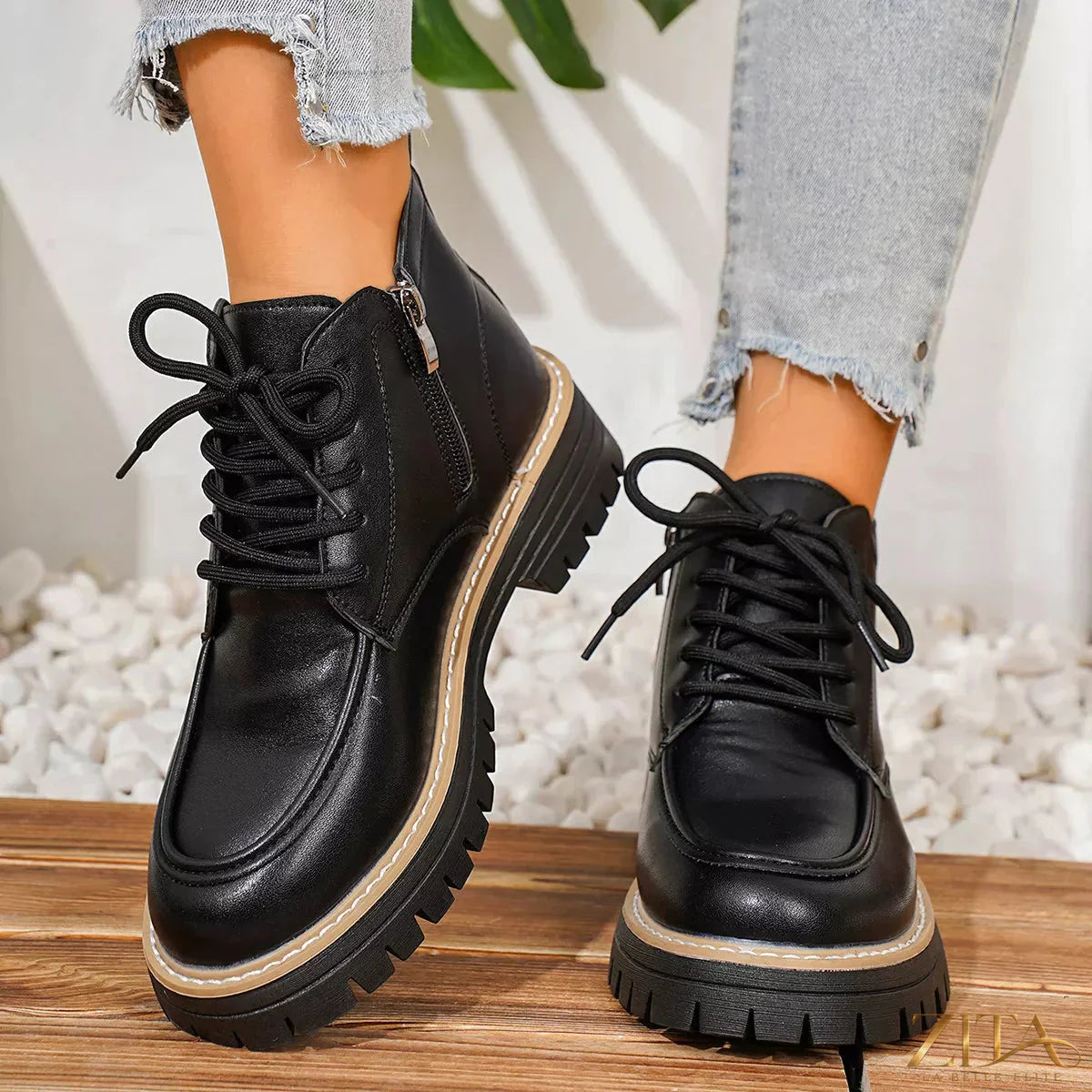 Zita La Belle Elite chunky lace-up combat boots with thick soles and rugged design, stylish footwear for edgy fashion.