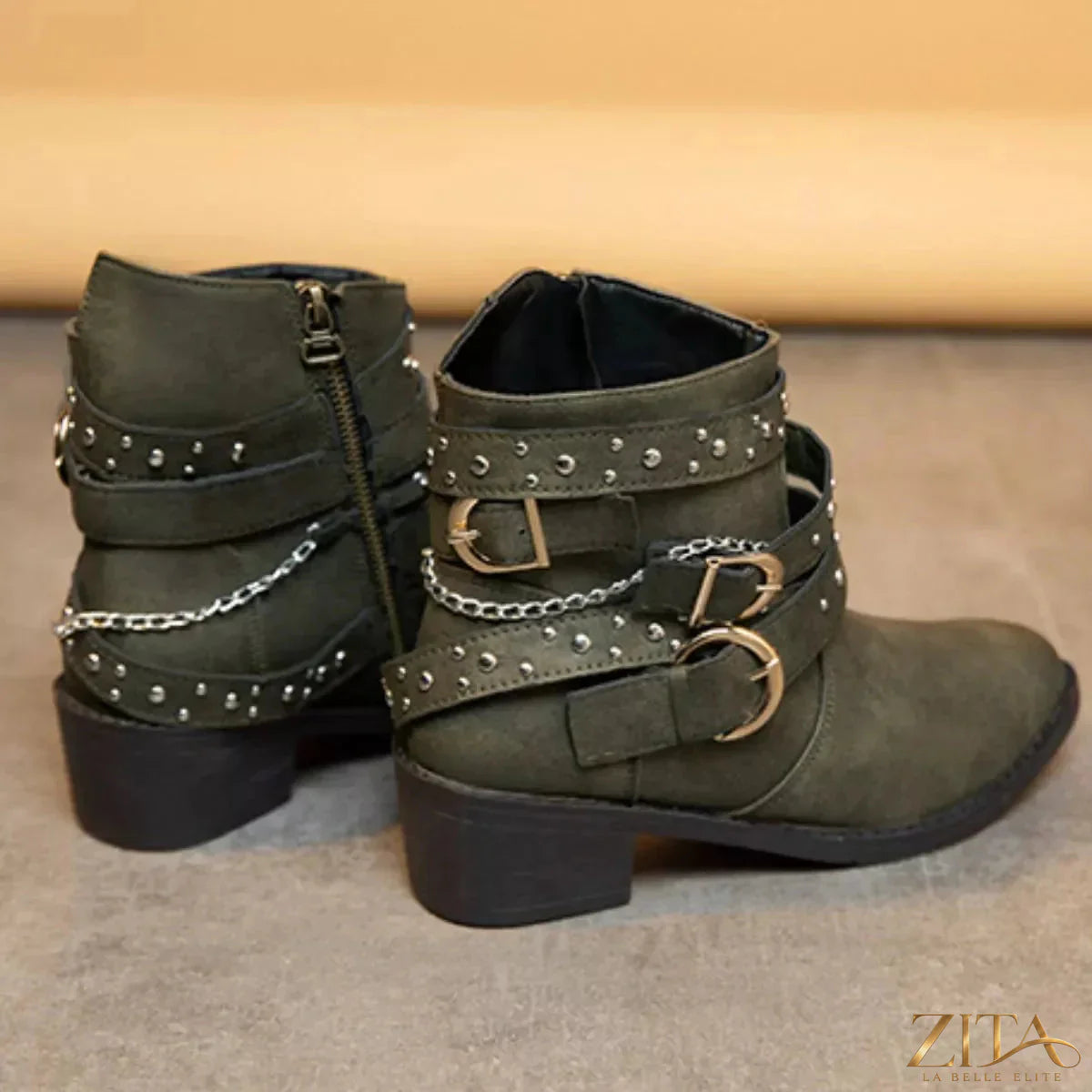 Zita La Belle Elite studded buckle ankle boots featuring black leather and silver hardware, stylish and edgy footwear.