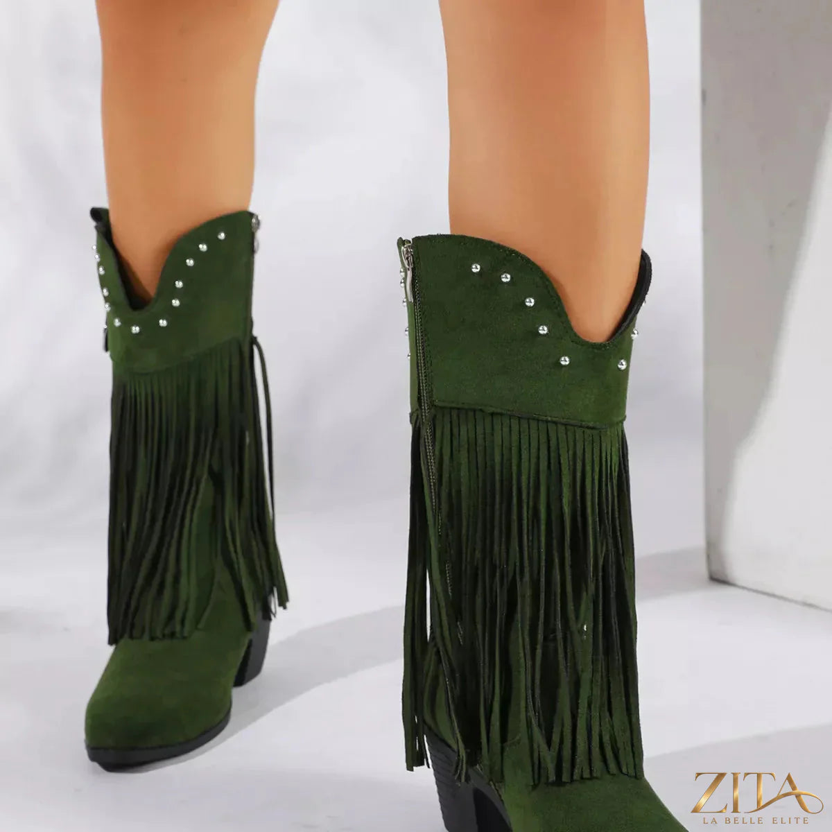 Zita La Belle Elite fringe round toe block heels boots featuring stylish fringe detailing and sturdy block heel design.