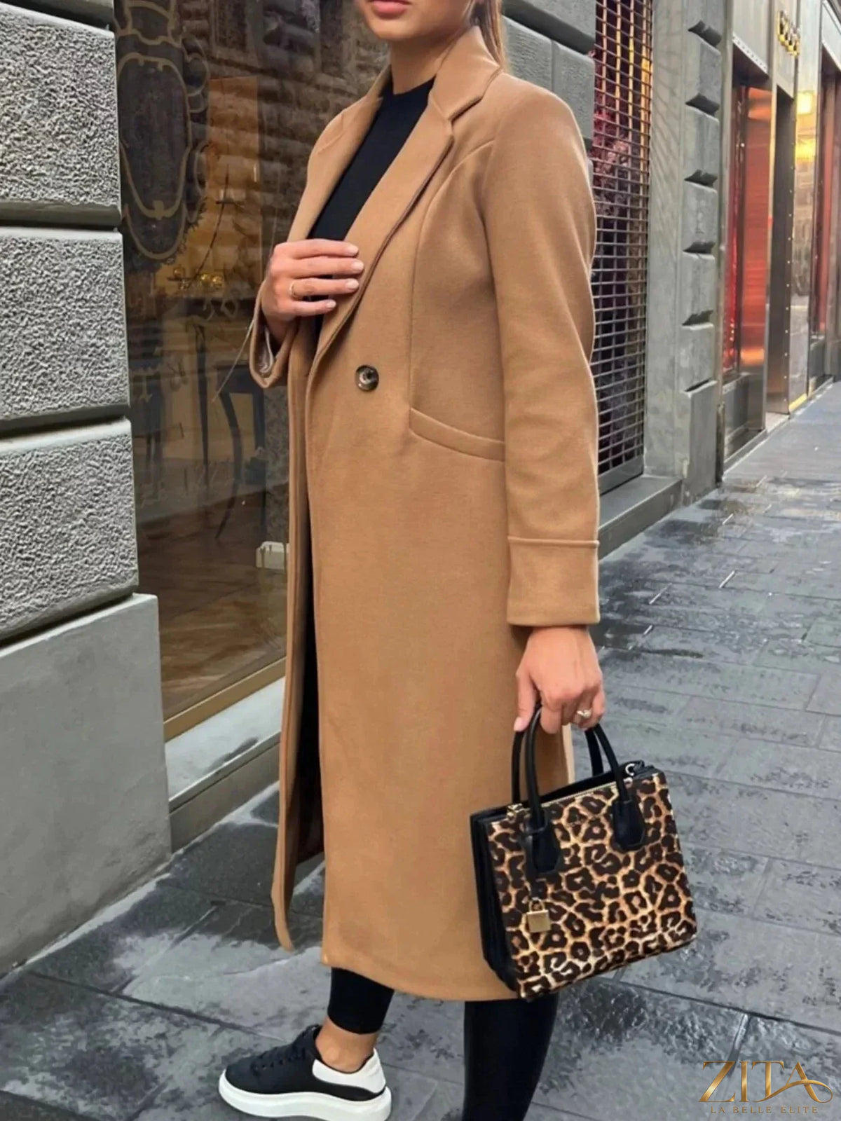 Zita La Belle Elite wool blend overcoat with lapel collar, tailored fit, and classic design, shown in a front view.