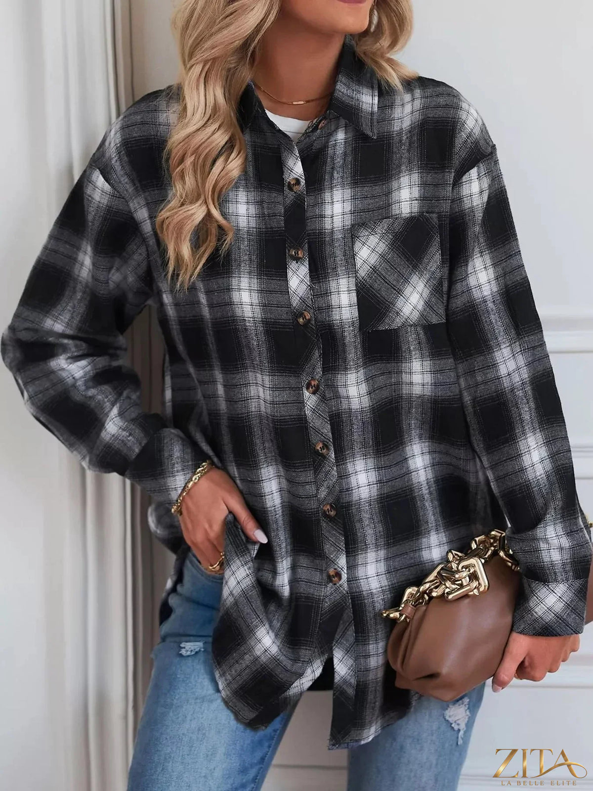 Zita La Belle Elite plaid button-down oversized shirt in red and black, showing the relaxed fit and classic collar detail.