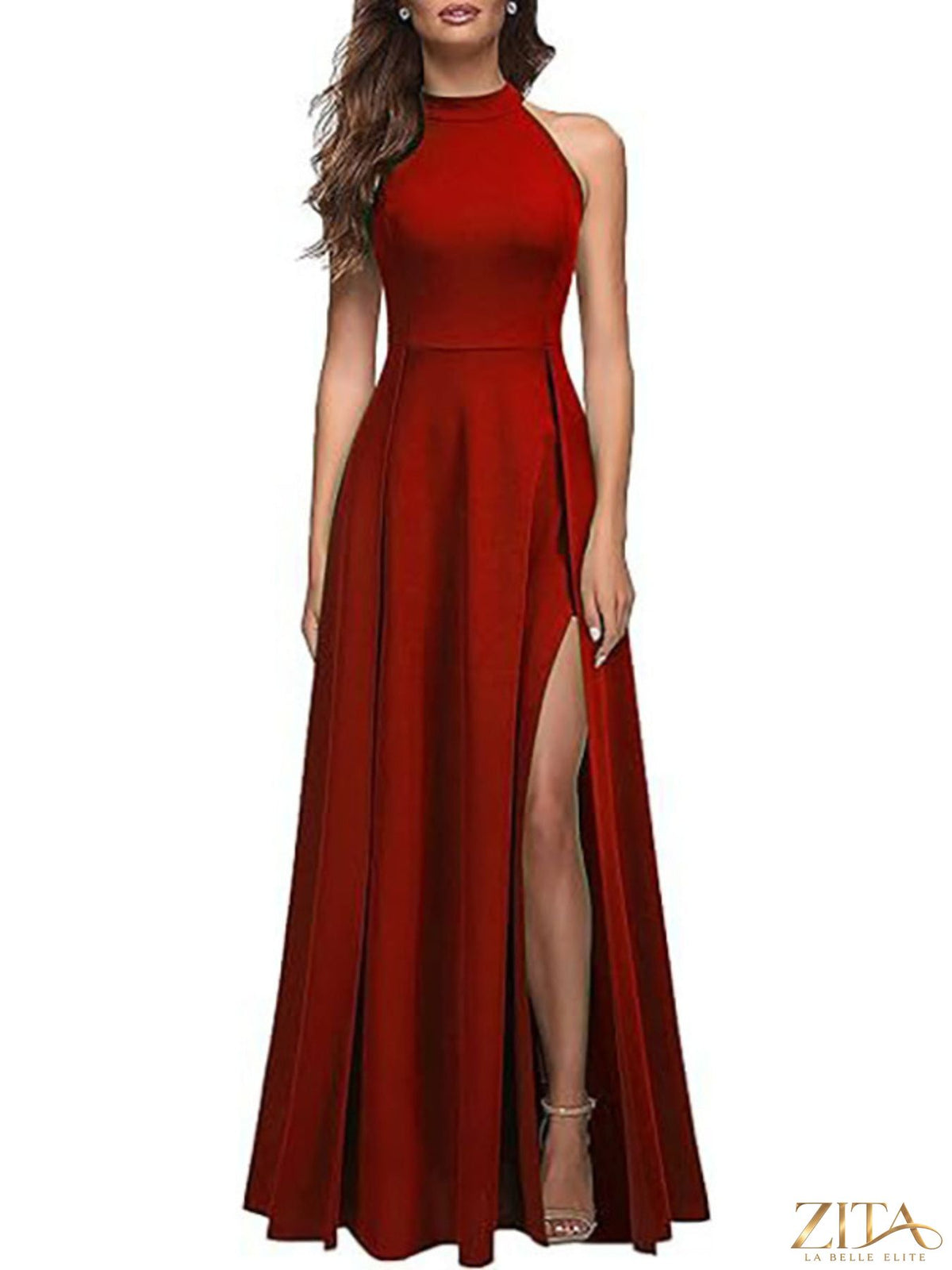 Zita La Belle Elite sleeveless slit maxi dress in flowing fabric with a high slit and elegant design, perfect for formal occasions.
