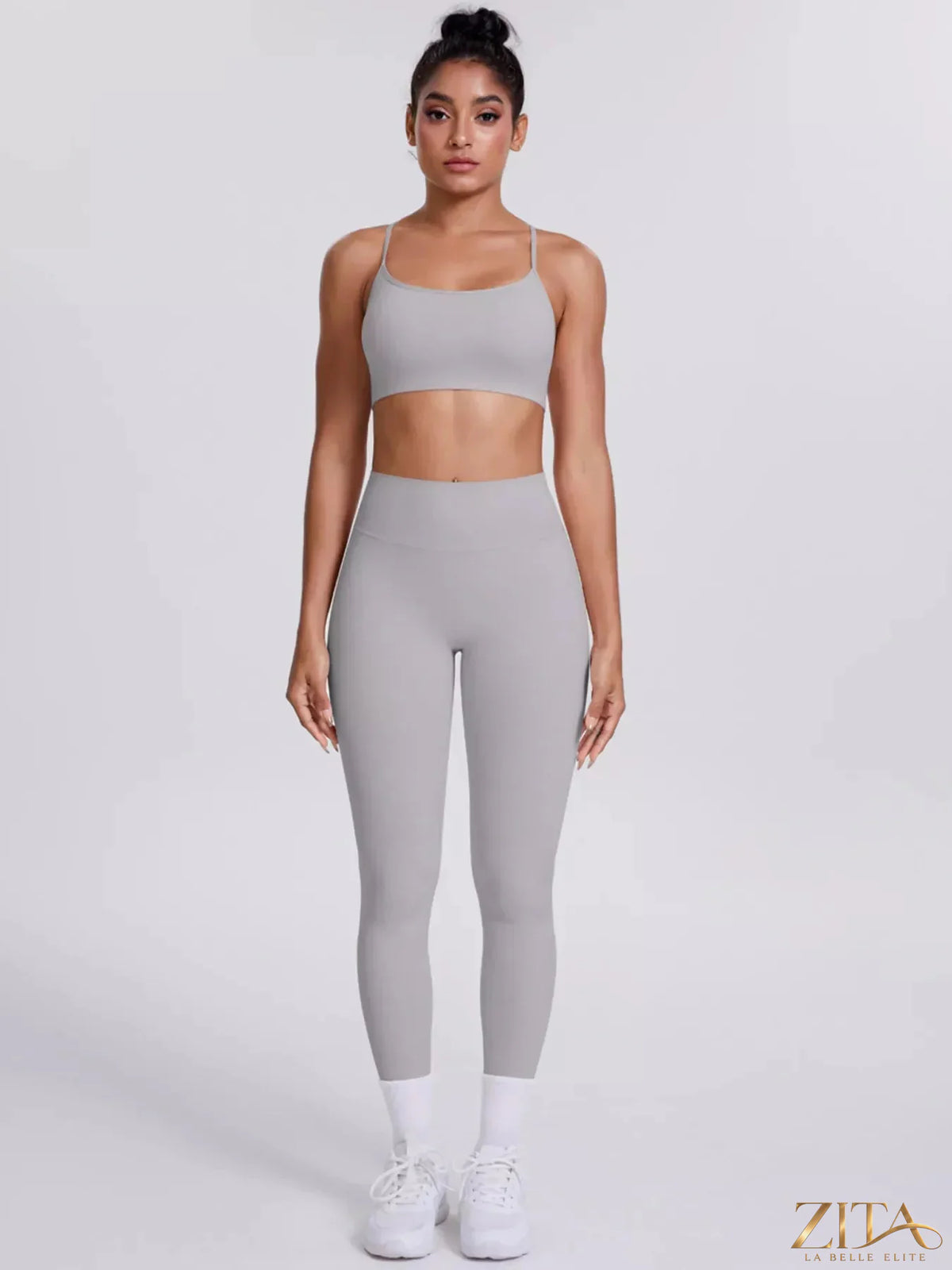 Zita La Belle Elite criss-cross back cami and matching black leggings active set, fitted athletic wear for workout or casual wear.