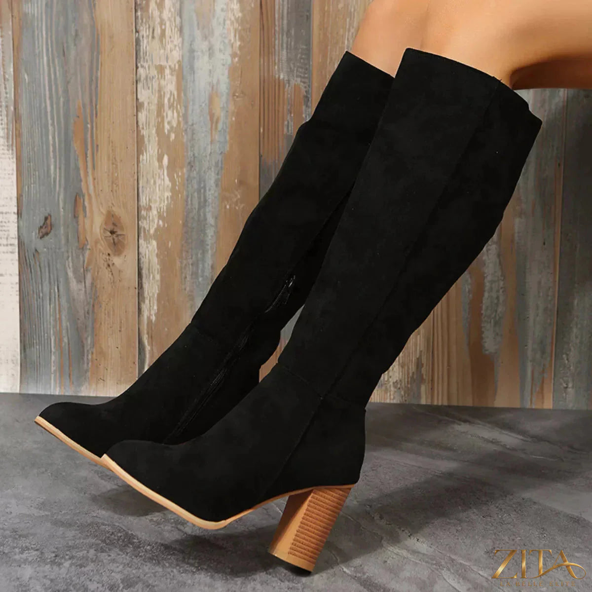 Zita La Belle Elite point toe block heels boots in black leather with sleek design and sturdy heel for stylish footwear.