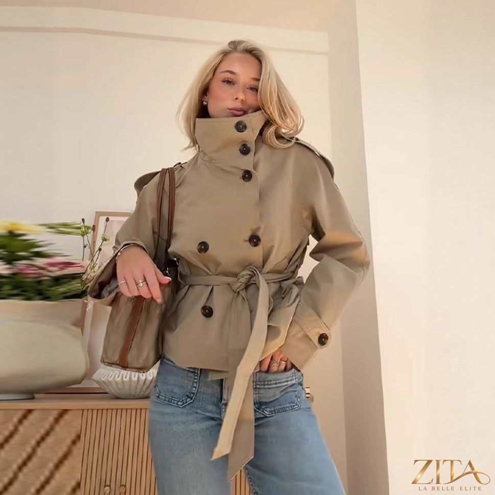 Women’s lace-up waist trench coat by Zita La Belle Elite, stylish jacket with lace-up details and classic trench design.