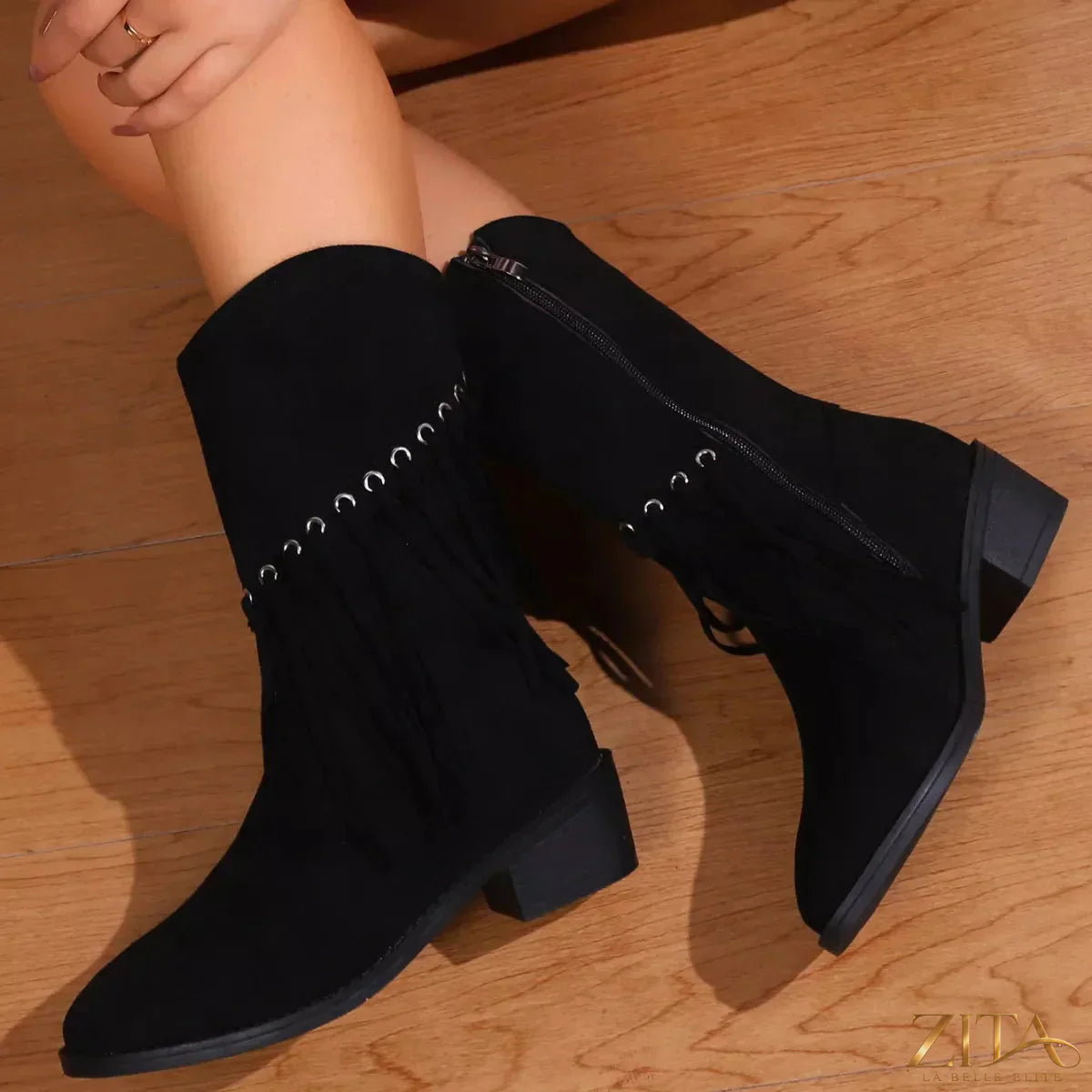 Zita La Belle Elite Fringe Western Block Heel Boots featuring leather construction, fringe details, and sturdy block heels.