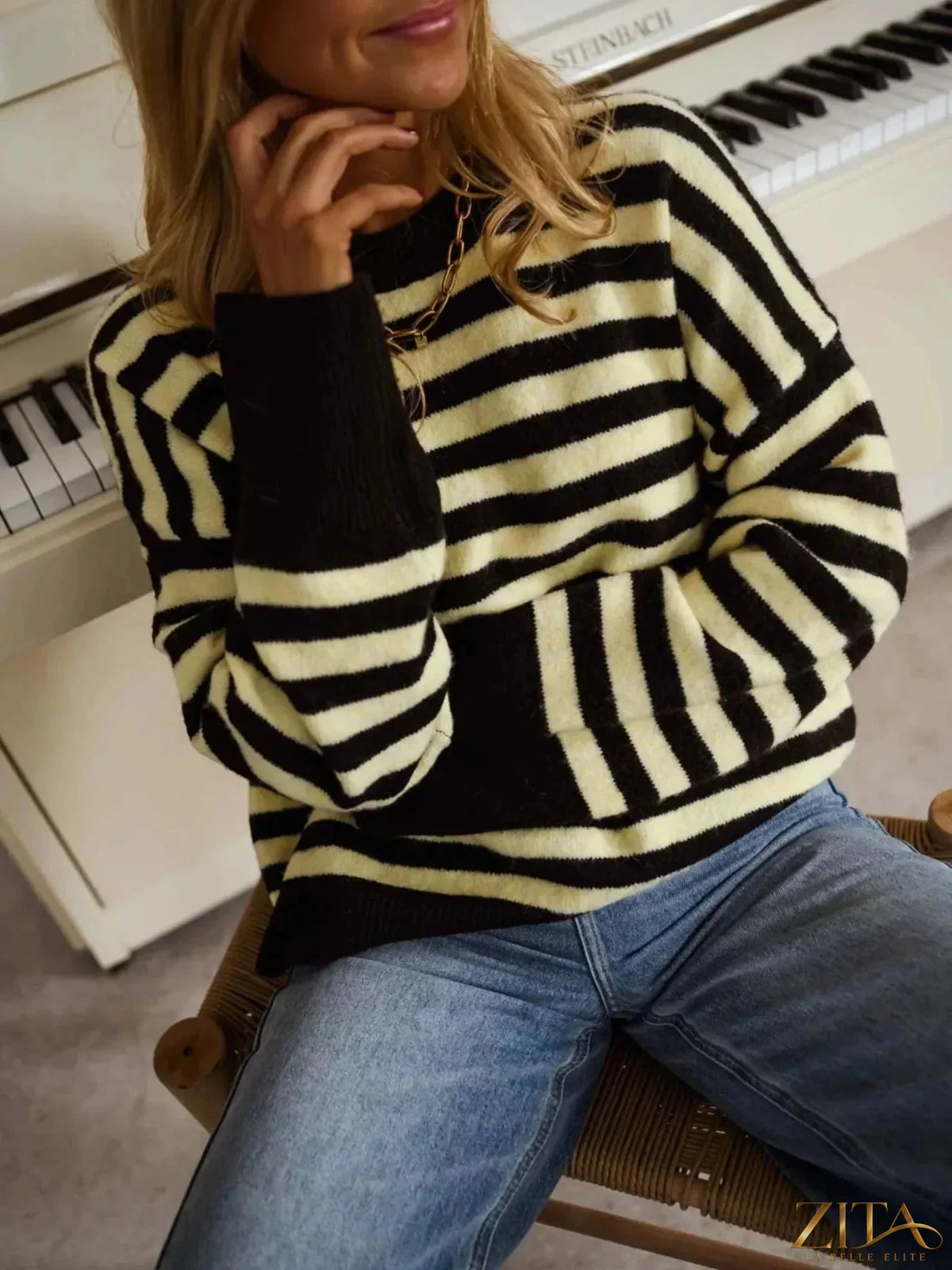Trendsi striped crew neck sweater with multicolored horizontal stripes, soft knit fabric, and classic fit.