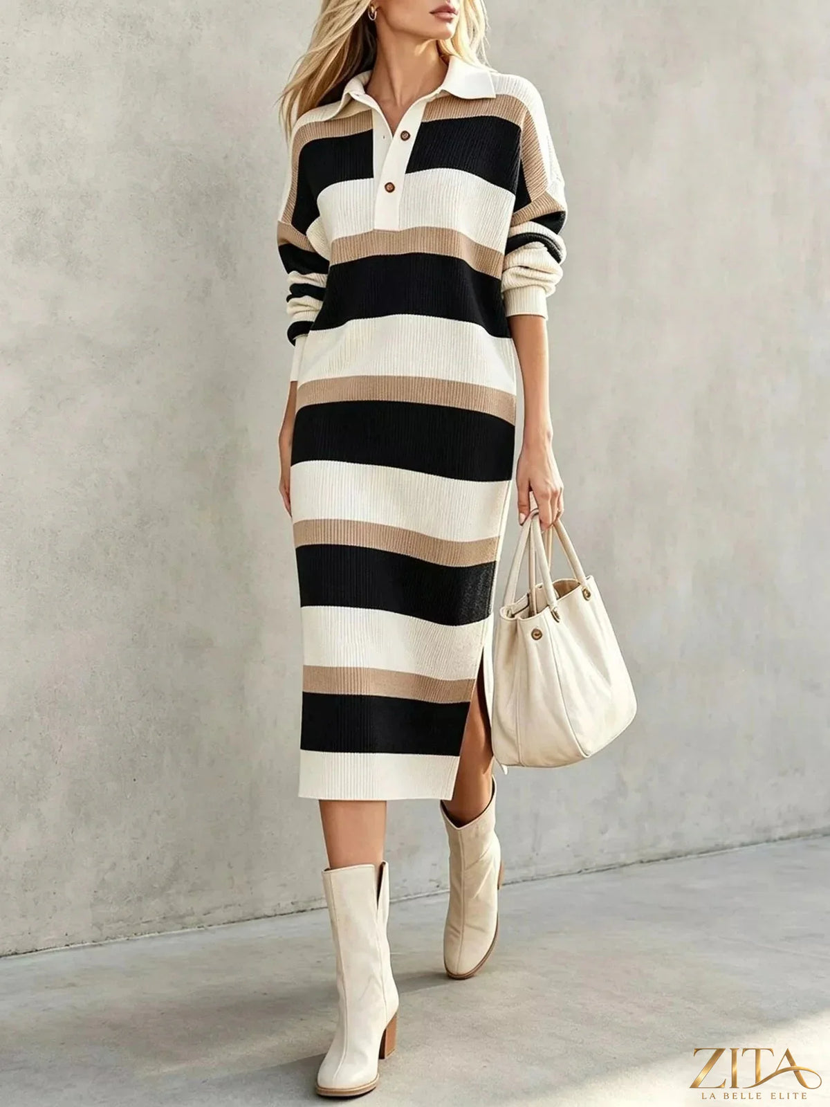 Zita La Belle Elite striped long sleeve polo collar sweater dress with a fitted silhouette and colorful horizontal stripes.
