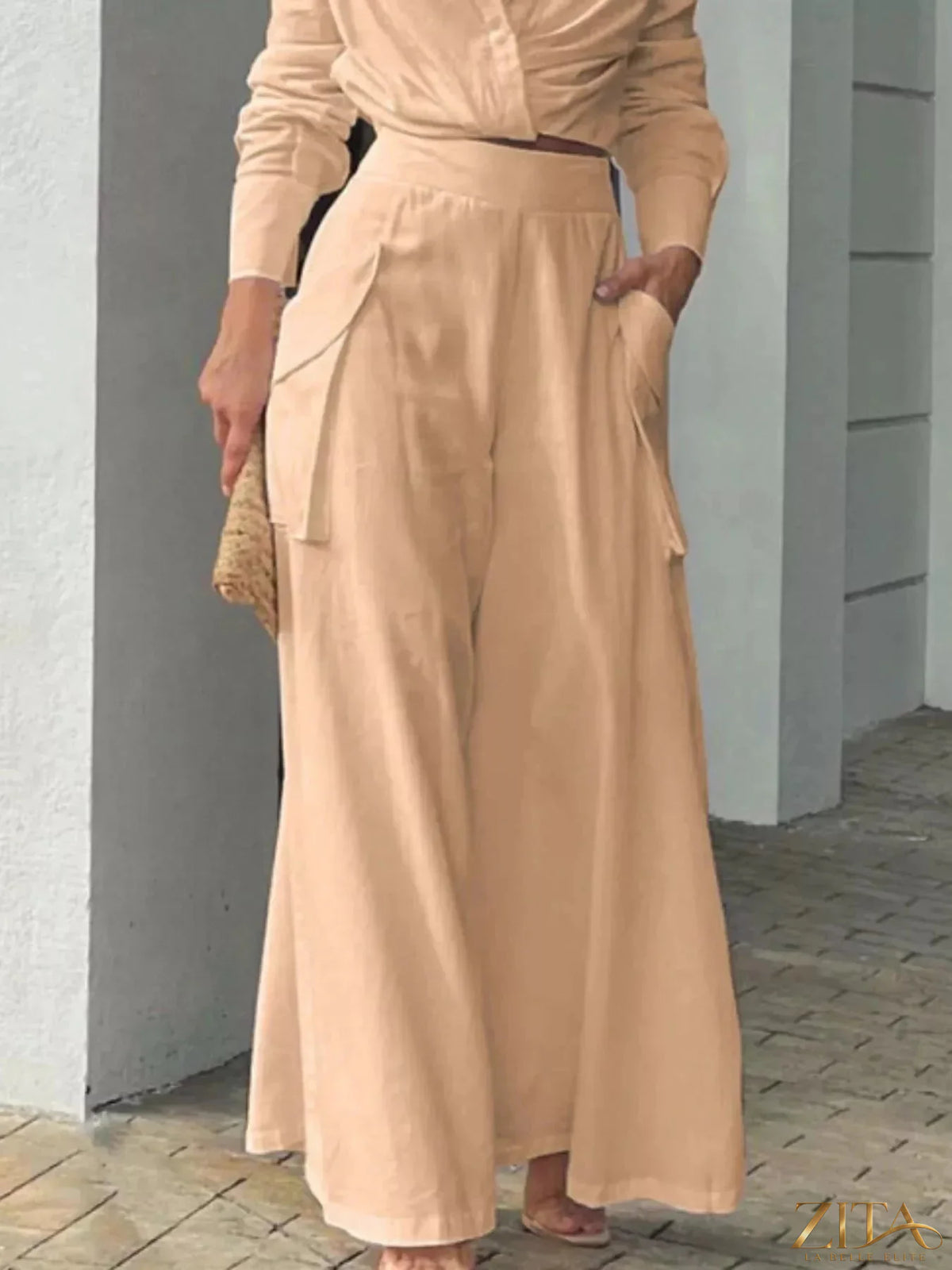 Zita La Belle Elite long sleeve shirt and wide leg pants set, stylish and comfortable ensemble, shown in a fashion-forward outfit.