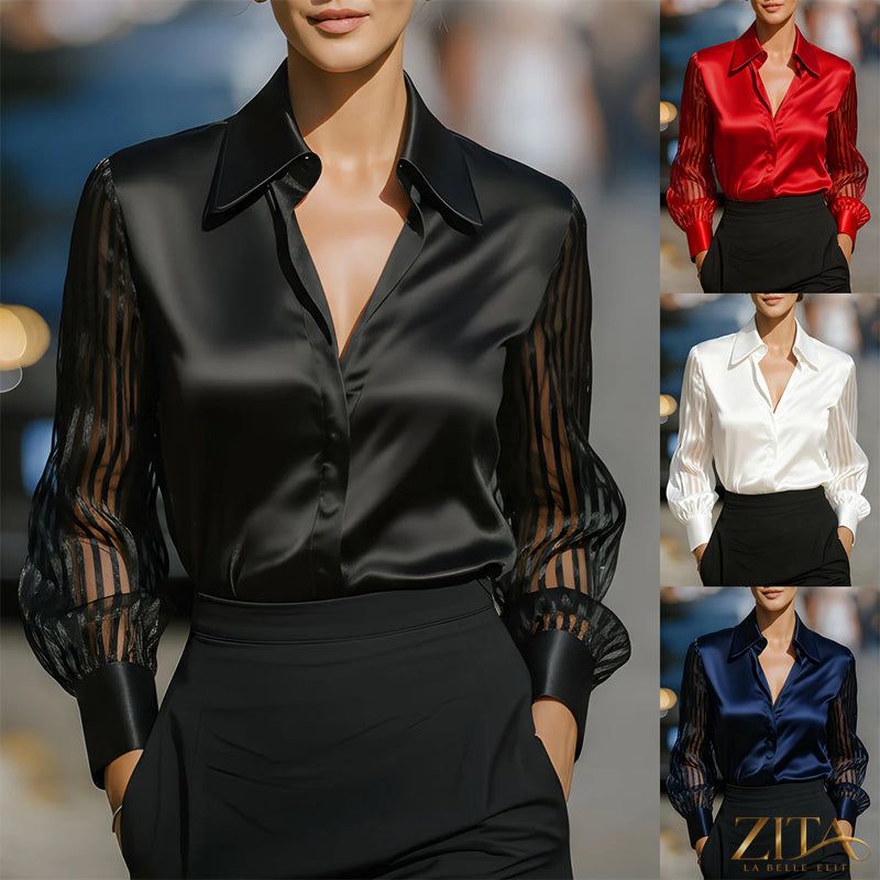 Zita La Belle Elite satin lapel collar sheer long sleeve blouse showing a stylish, lightweight casualwear top with elegant satin details.