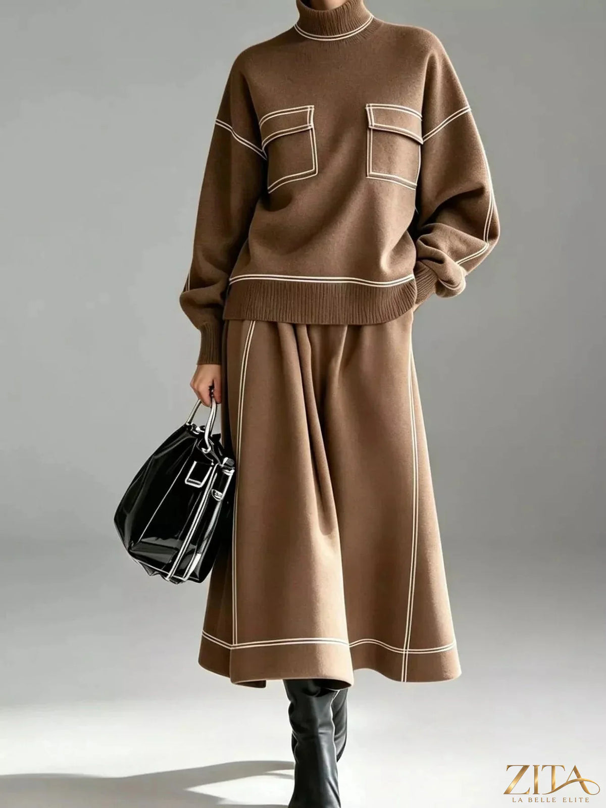 Zita La Belle Elite turtleneck knit top and midi skirt set, featuring a cozy, fitted design in neutral tones.