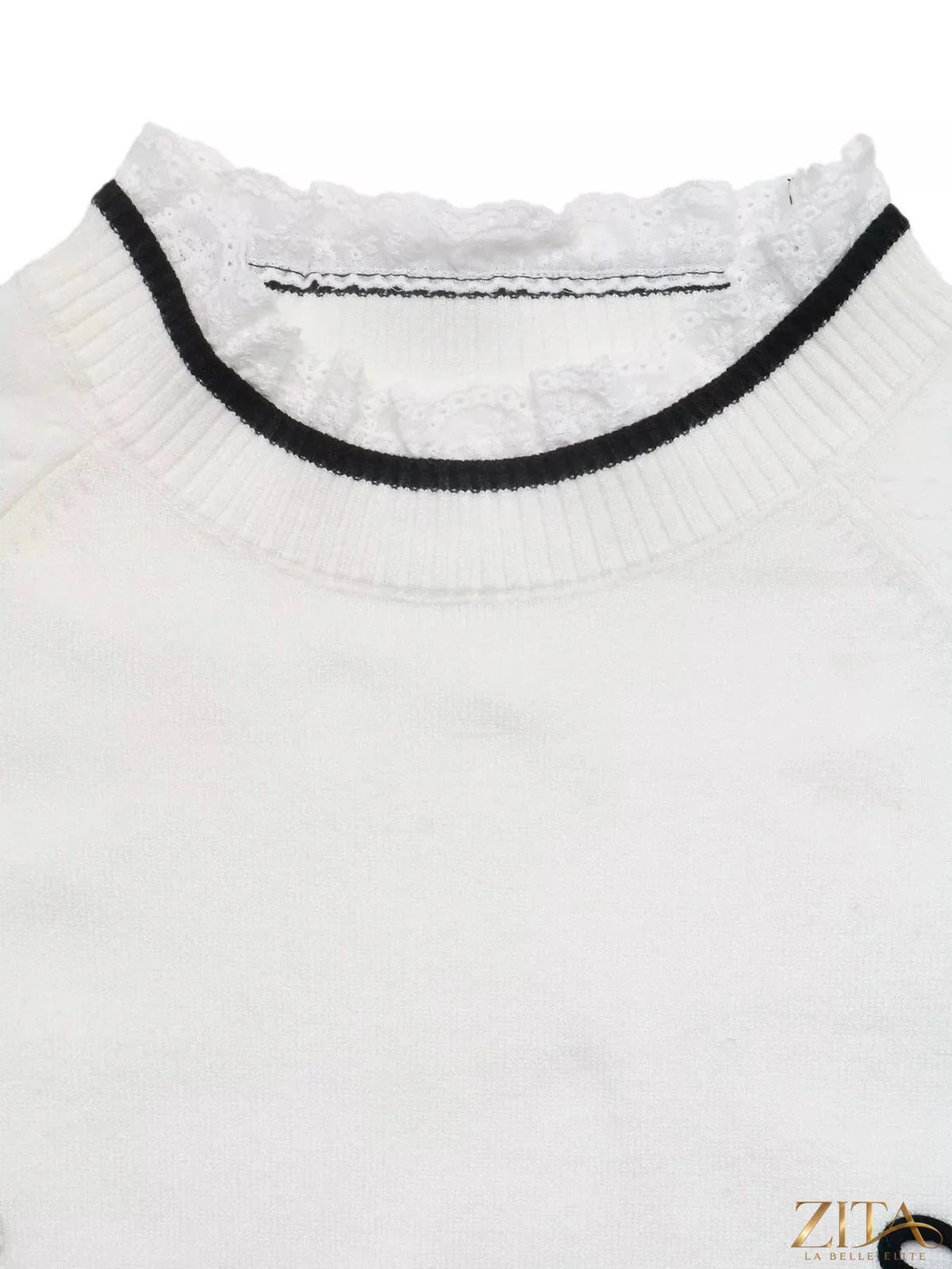 Zita La Belle Elite bow-embellished lace trim sweater featuring delicate lace details and a stylish bow embellishment on the front.
