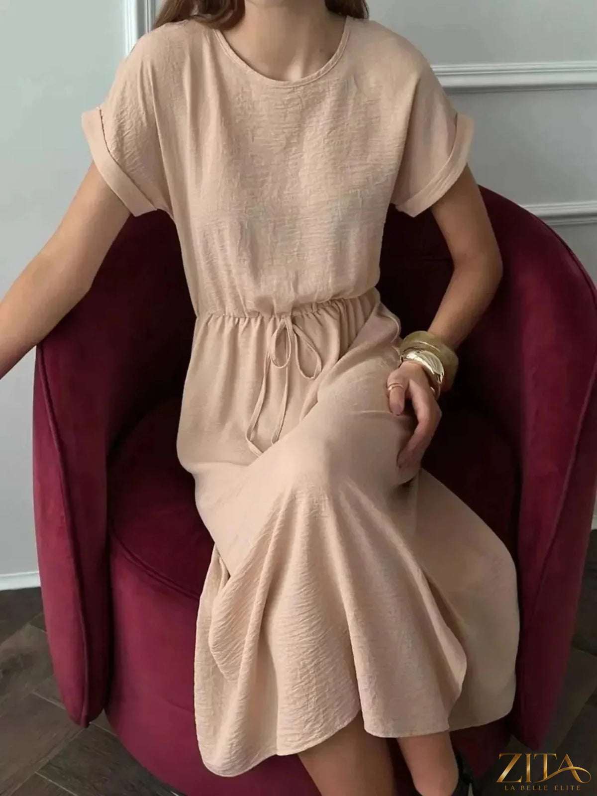 Zita La Belle Elite casual midi dress with drawstring waist, lightweight fabric, and relaxed fit, perfect for everyday wear.