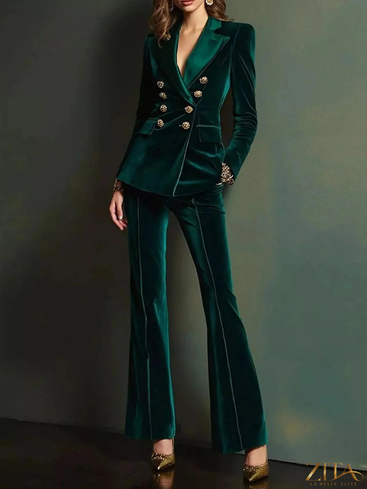 Velvet double-breasted blazer and flare pants set by Zita La Belle Elite, featuring a rich texture and tailored fit.
