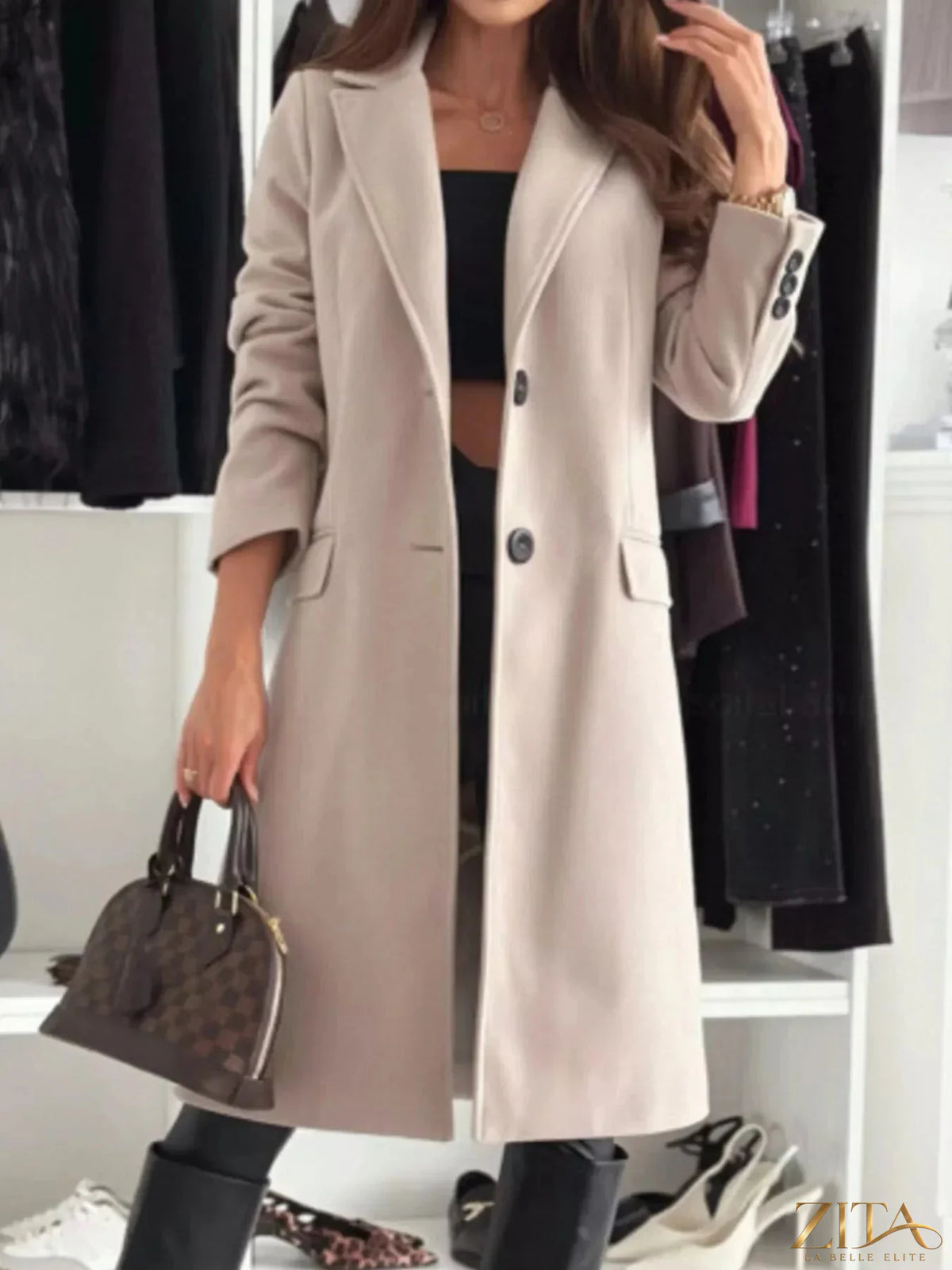 Zita La Belle Elite long sleeve coat with lapel collar, tailored fit, and stylish design, shown on a model.