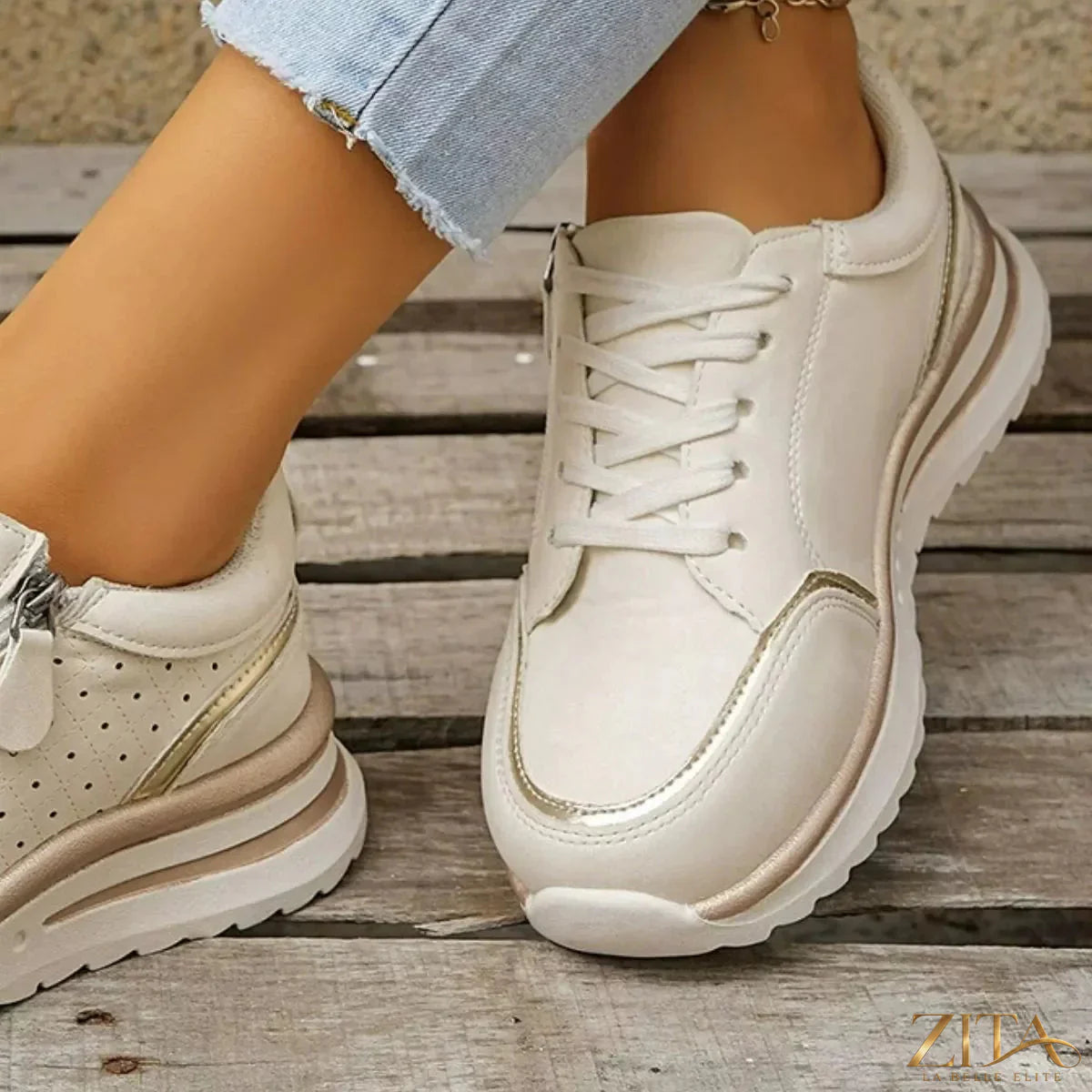 Zita La Belle Elite round toe lace-up sneakers with white and black design, stylish casual footwear for everyday wear.