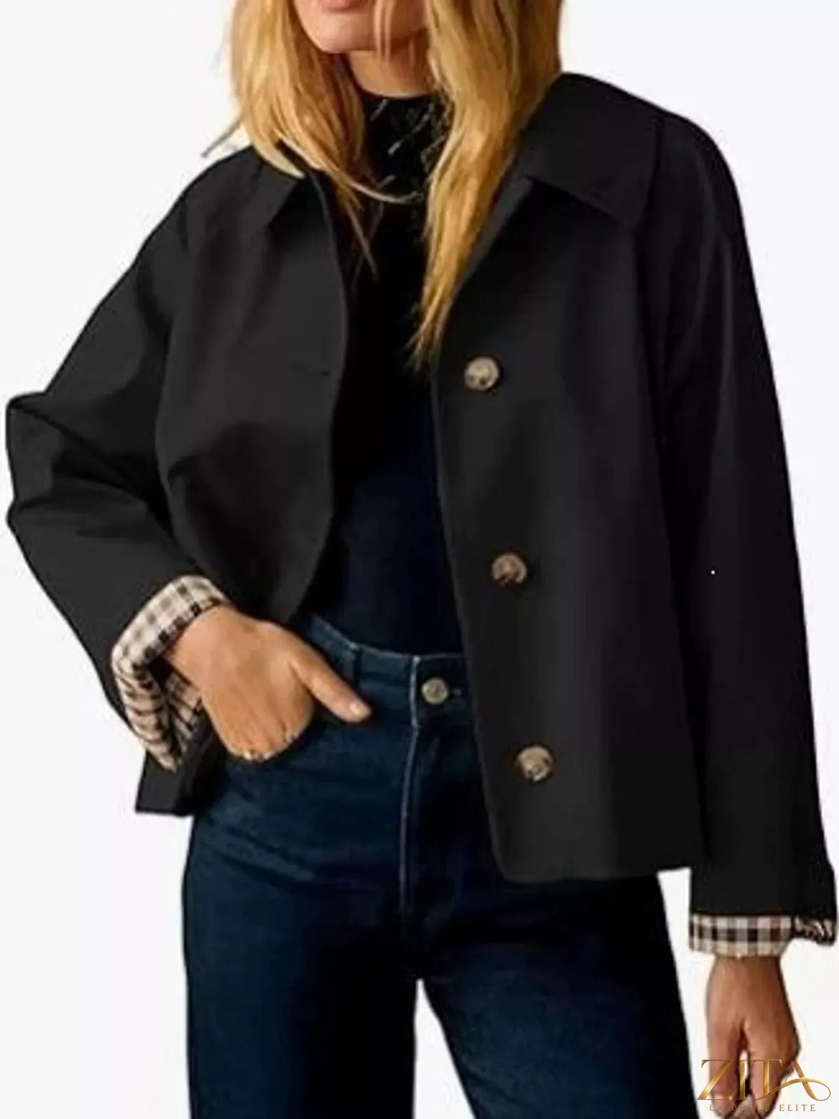 Zita La Belle Elite plaid cuffs cropped trench coat with stylish outerwear featuring a plaid pattern and button details.
