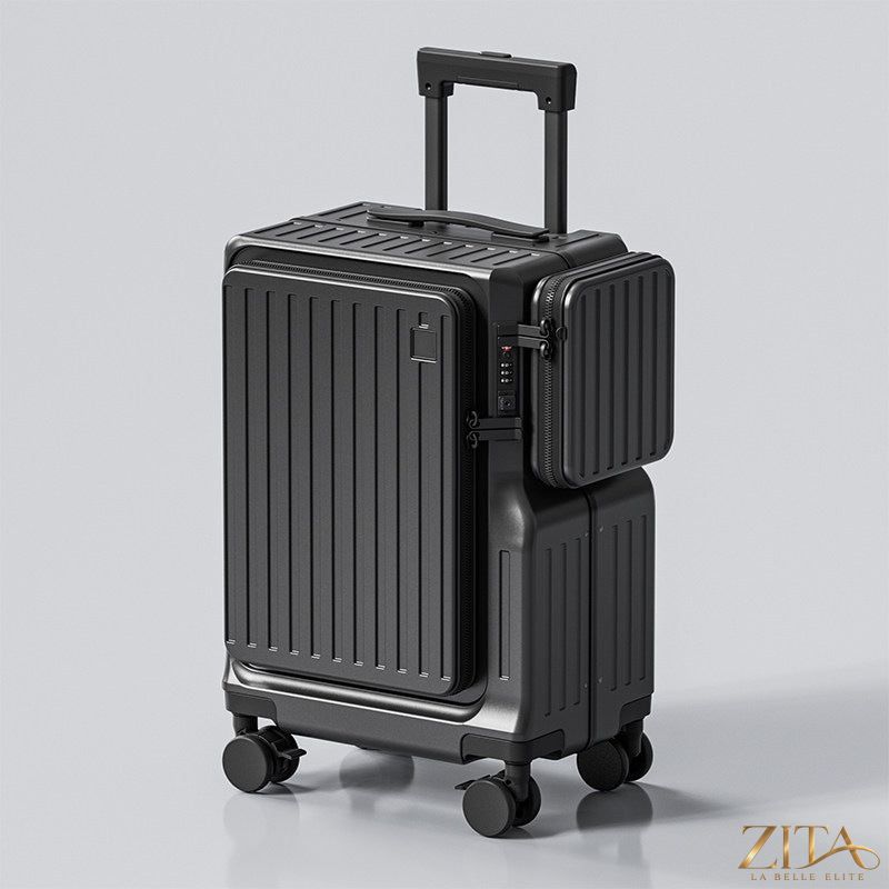 Zita La Belle Elite front-opening 20-inch carry-on suitcase with hard shell, telescopic handle, and four spinner wheels.