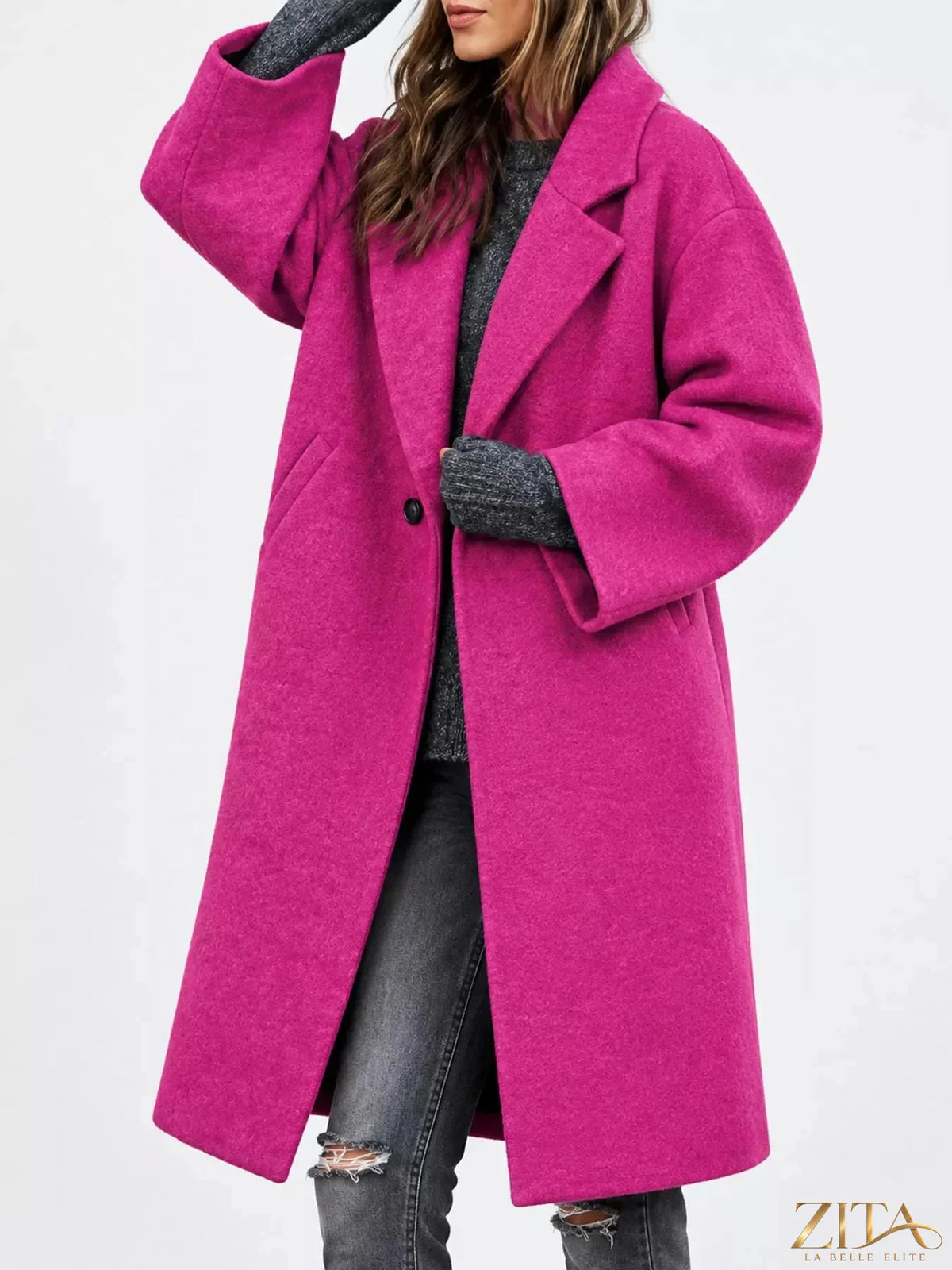 Plus size Zita La Belle Elite full size coat with lapel collar and one-button closure, featuring a stylish and comfortable design.
