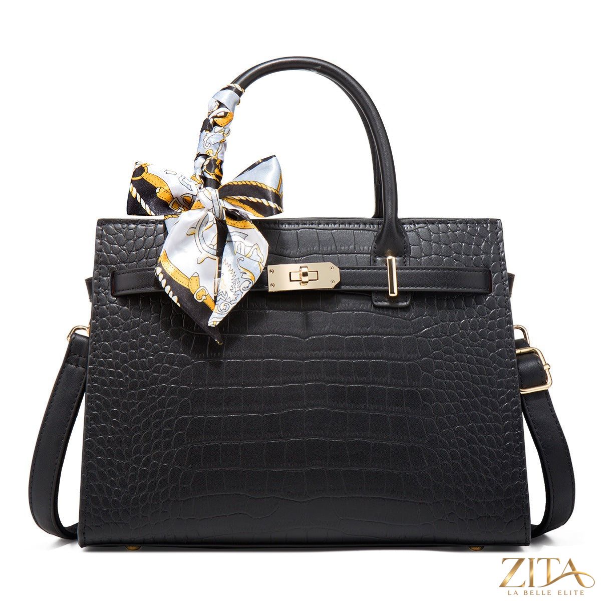 Crocodile-embossed leather top handle handbag by Zita La Belle Elite, featuring a structured design and gold-tone hardware.