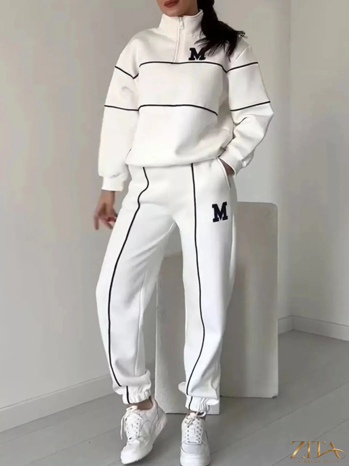 Plus size Zita La Belle Elite striped quarter zip top and matching pants set, full length, comfortable loungewear outfit