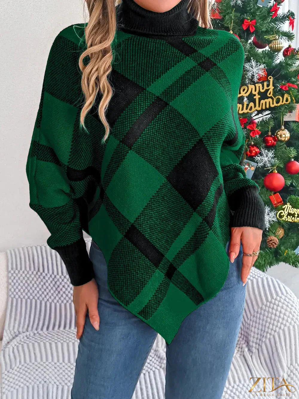 Plaid turtleneck batwing sleeve sweater by Trendsi, featuring a cozy fit with a stylish plaid pattern and wide batwing sleeves.