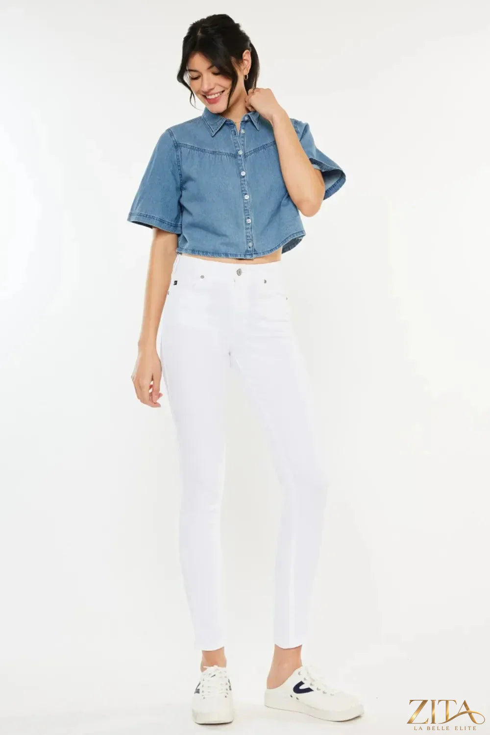 Zita La Belle Elite Kancan high-rise ankle skinny jeans in dark denim, showing fit and stitching details.