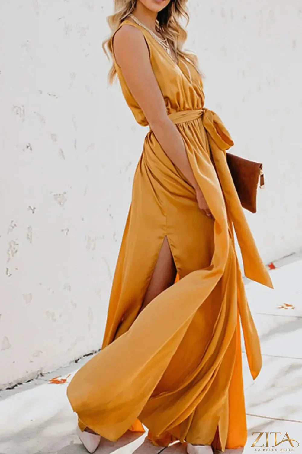 Zita La Belle Elite surplice tie waist maxi dress with flowing fabric and elegant design, perfect for formal or casual occasions.
