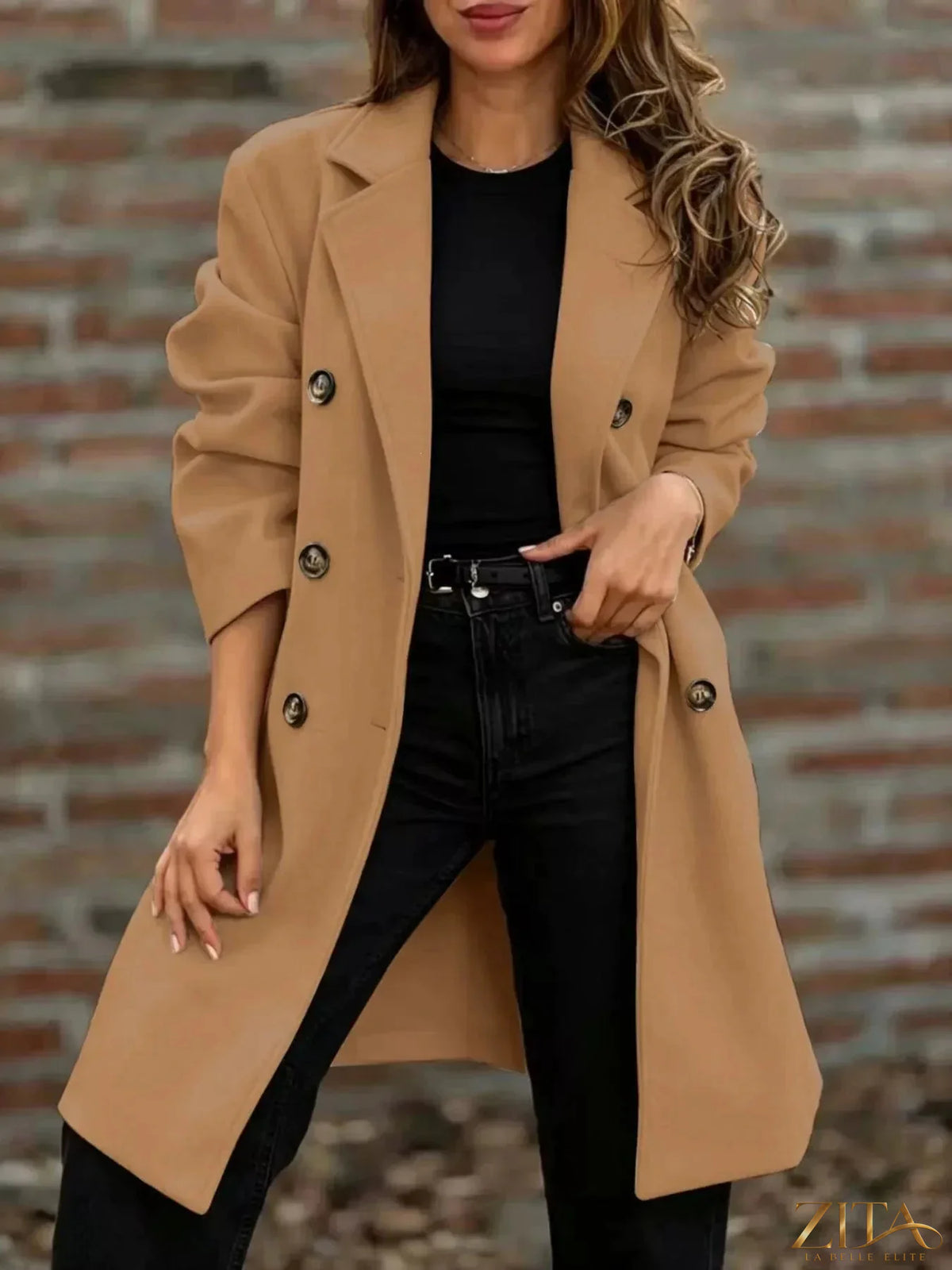 Plus size Zita La Belle Elite double-breasted coat with lapel collar, full length, stylish winter outerwear for women.