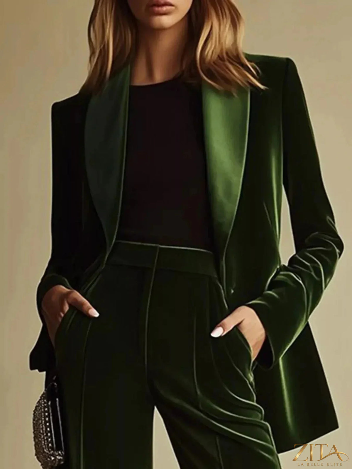 Velvet blazer and wide-leg pants set by Zita La Belle Elite, featuring a stylish, elegant look with rich fabric and tailored fit.