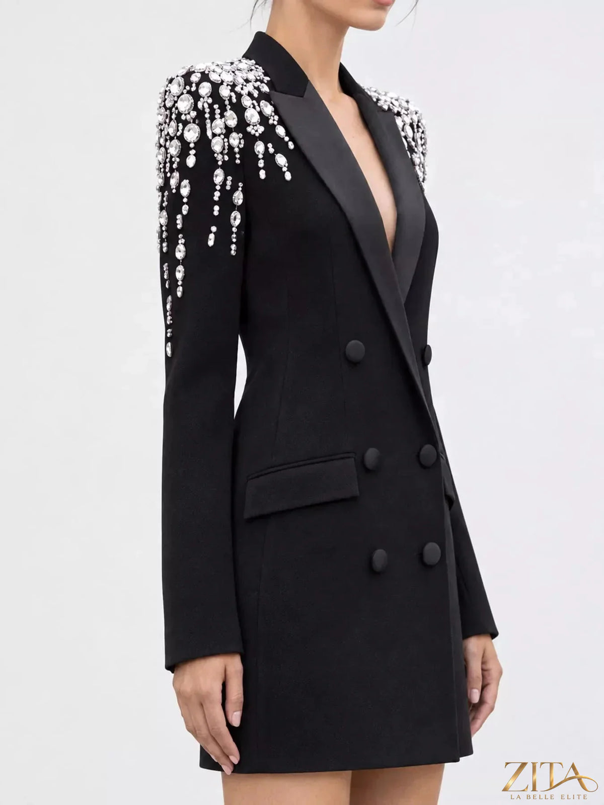 Plus size Zita La Belle Elite rhinestone shoulder double-breasted blazer, full-size, stylish tailored jacket with sparkling embellishments.