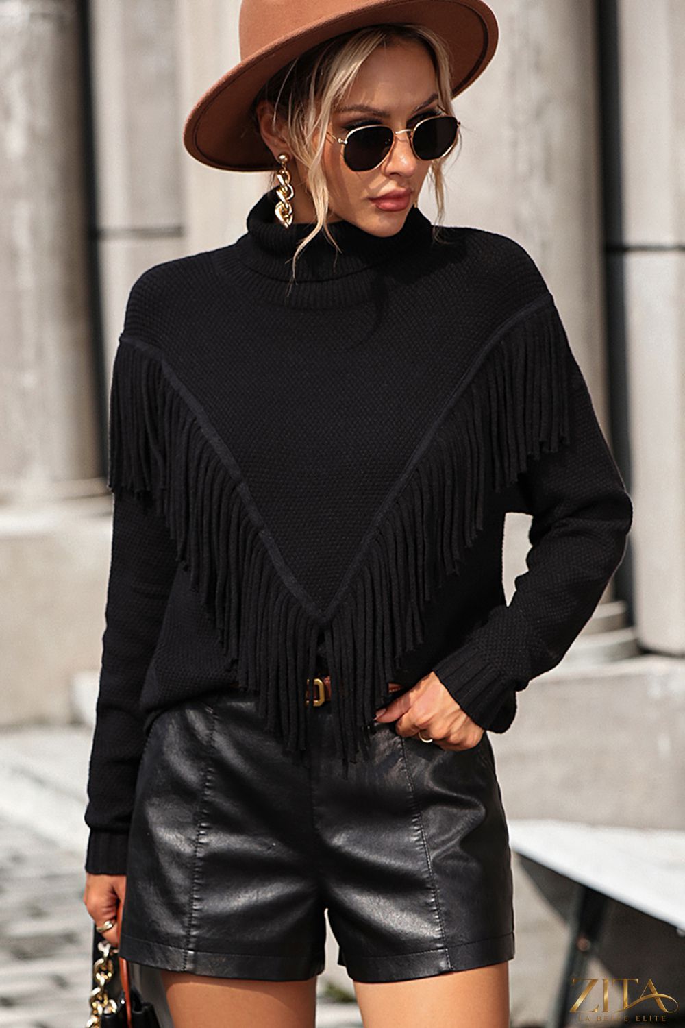 Trendsi turtle neck long sleeve pullover sweater with tassel front, cozy knit, and fitted silhouette in neutral color.