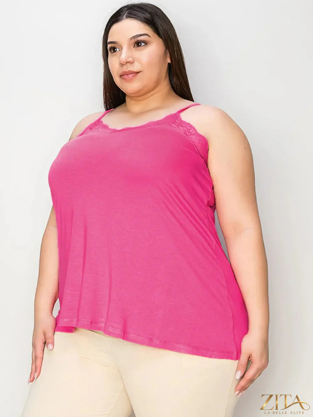 Zita La Belle Elite Basic Bae full-size lace trim V-neck cami with delicate lace accents and soft fabric, perfect for layering or casual wear.