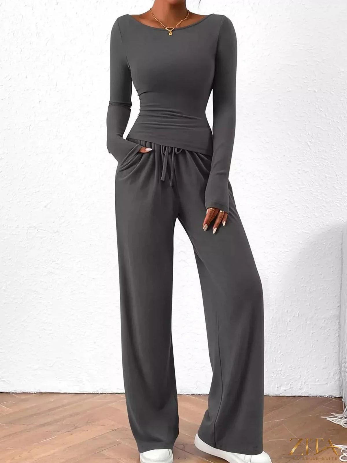 Zita La Belle Elite long sleeve top and wide leg pants set in soft fabric, stylish and comfortable for casual wear.