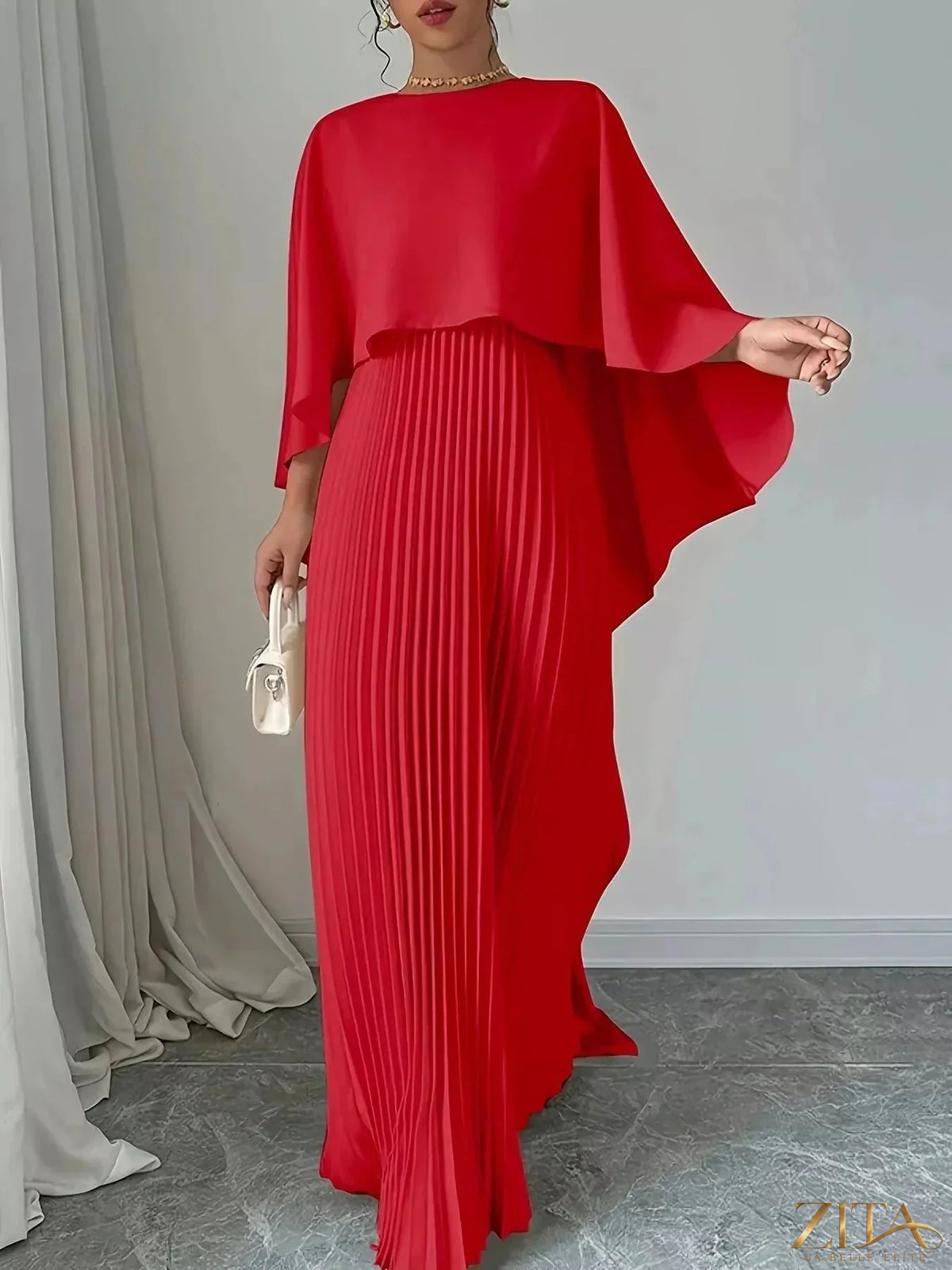 Elegant navy blue Trendsi Cape Pleated Maxi Dress with flowing fabric and pleated details, perfect for formal occasions.