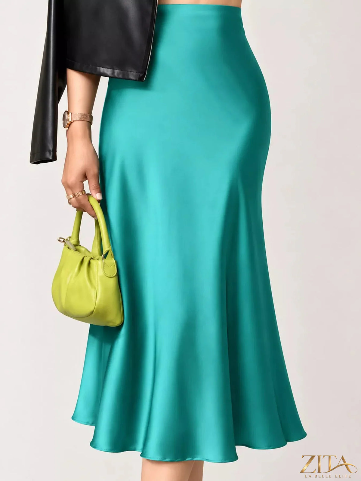 High-waisted satin midi skirt by Trendsi, shown in a flowing, smooth fabric with a sleek design and elegant fit.