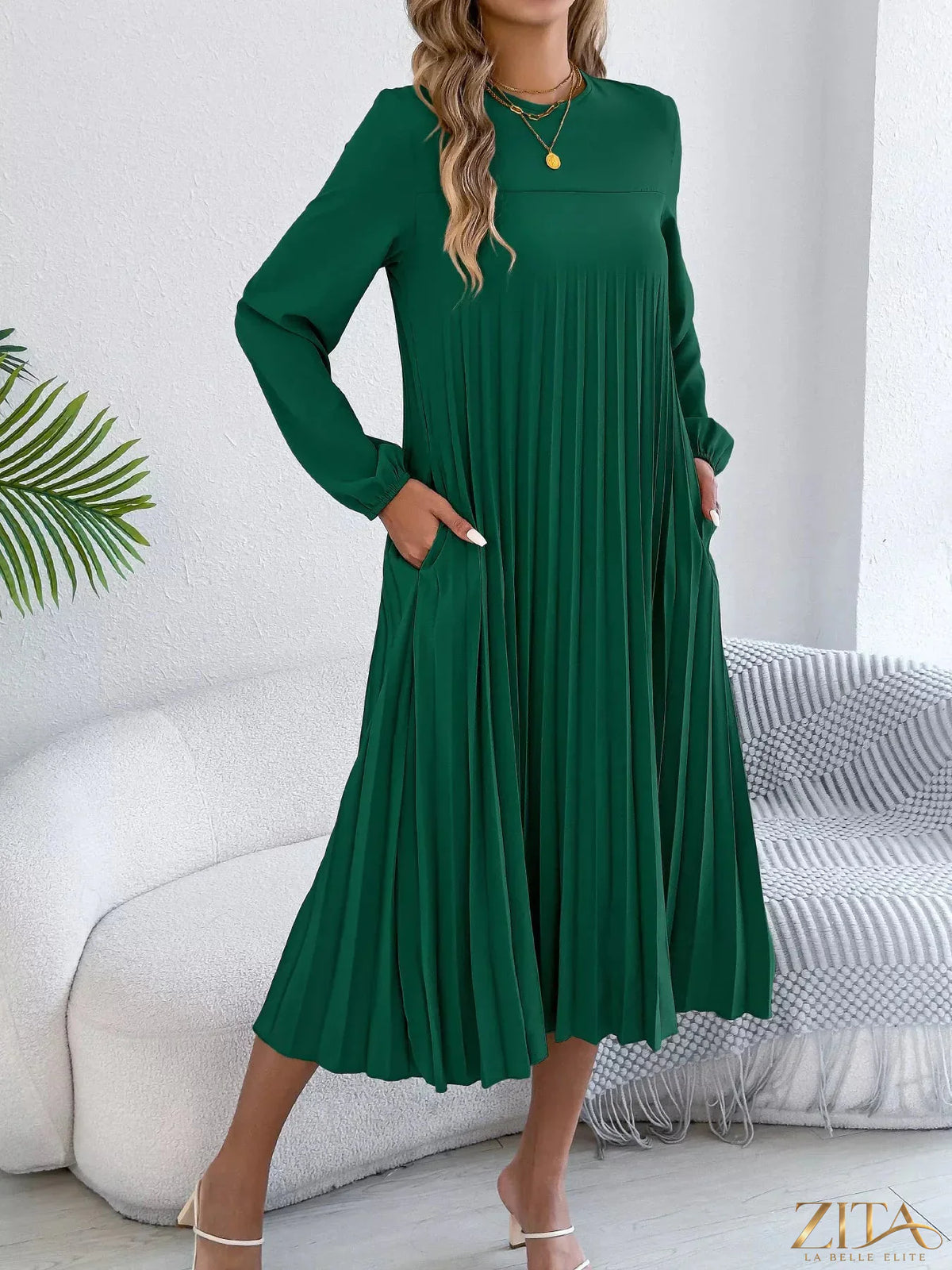 Zita La Belle Elite pleated A-line midi dress featuring a flowy, elegant design with a fitted waist and midi length for a sophisticated look.