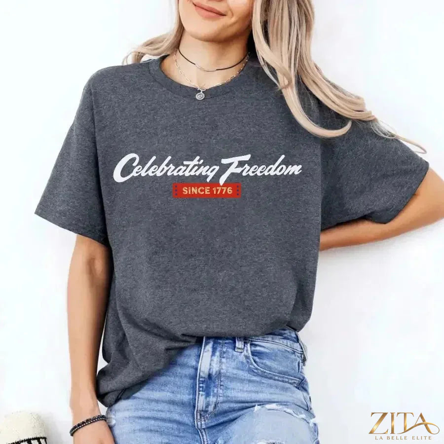 Dark grey 4th of July T-shirt by Zita La Belle Elite featuring patriotic design celebrating freedom since 1776.