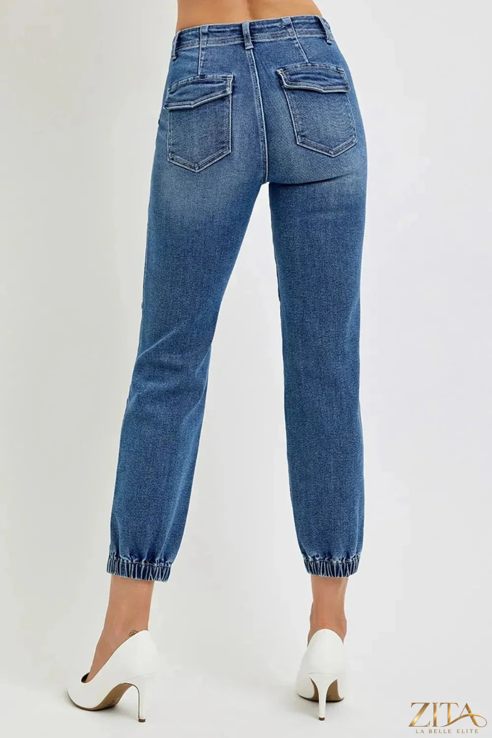 Zita La Belle Elite RISEN full size high-rise ankle jogger jeans, navy blue with cuffed ankles and relaxed fit.